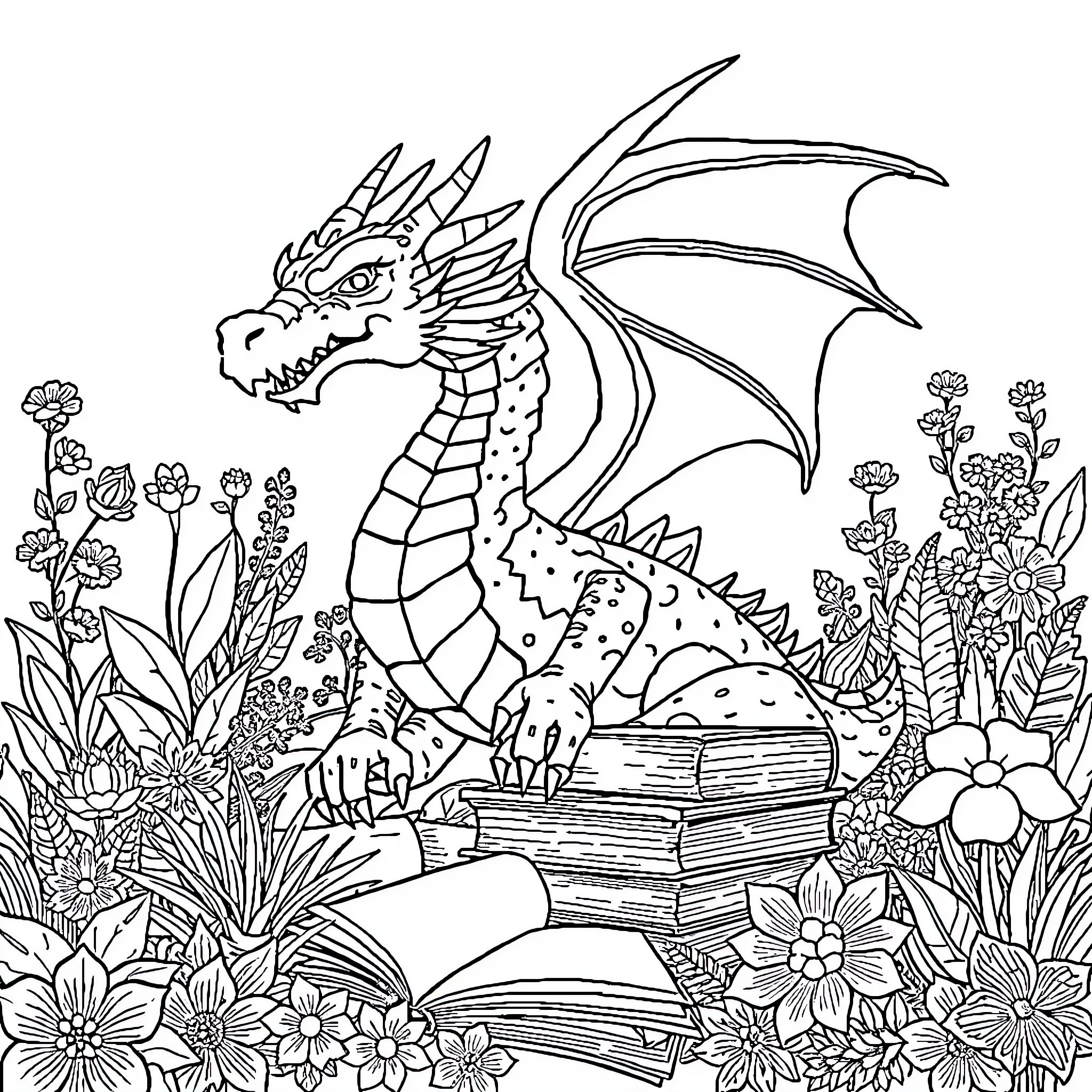 Dragon guarding magical books in a flowery garden Coloring Page (free black-and-white line drawing printable PDF for all, from beginners to advanced learners, including children, teens, adults, and seniors)