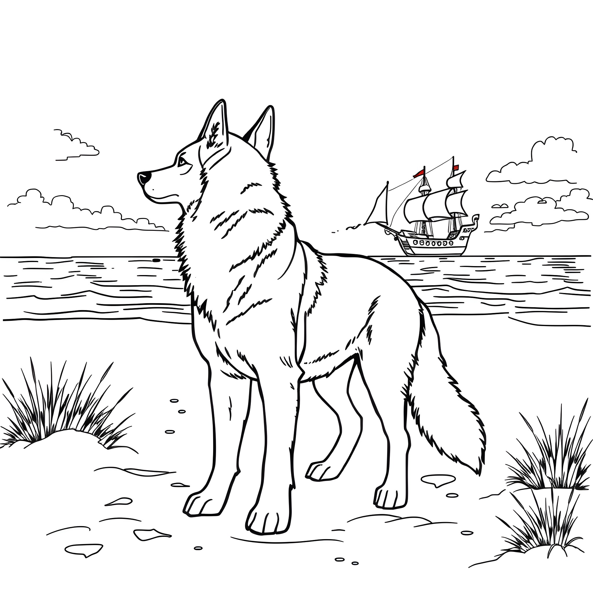 Husky exploring the coastal landscape Coloring Page (free black-and-white line drawing printable PDF for all, from beginners to advanced learners, including children, teens, adults, and seniors)