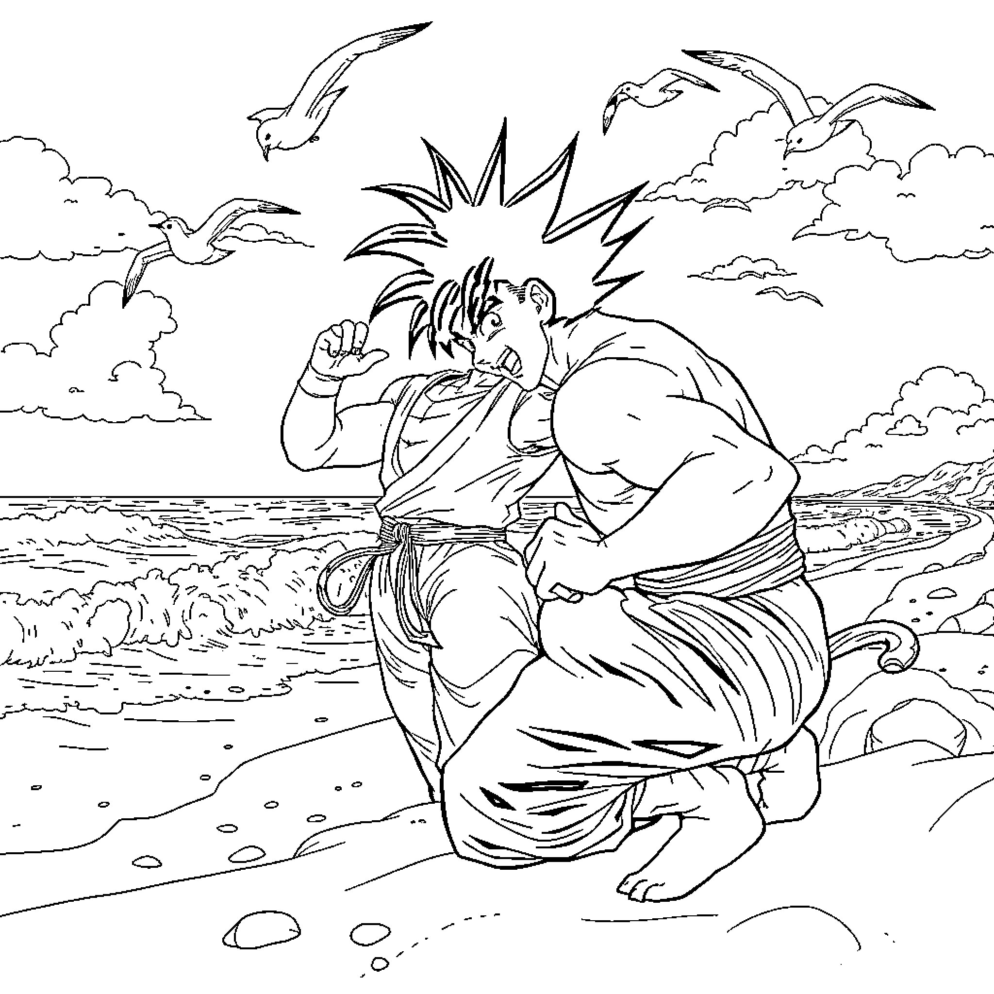 Jotaro confronting a powerful foe on the beach Coloring Page (free black-and-white line drawing printable PDF for all, from beginners to advanced learners, including children, teens, adults, and seniors)