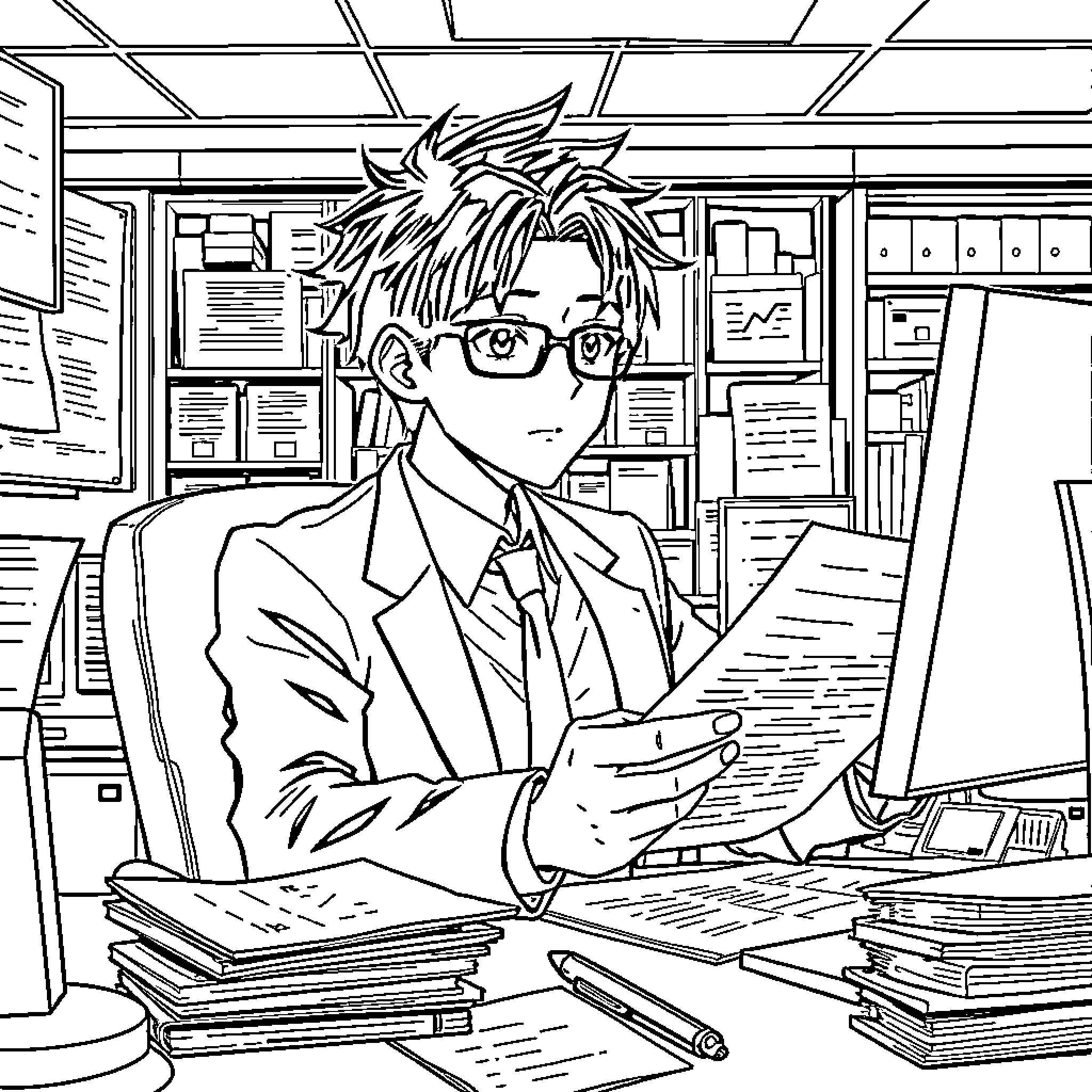 Hinata's Diligent Workday in the Office Coloring Page (free black-and-white line drawing printable PDF for all, from beginners to advanced learners, including children, teens, adults, and seniors)