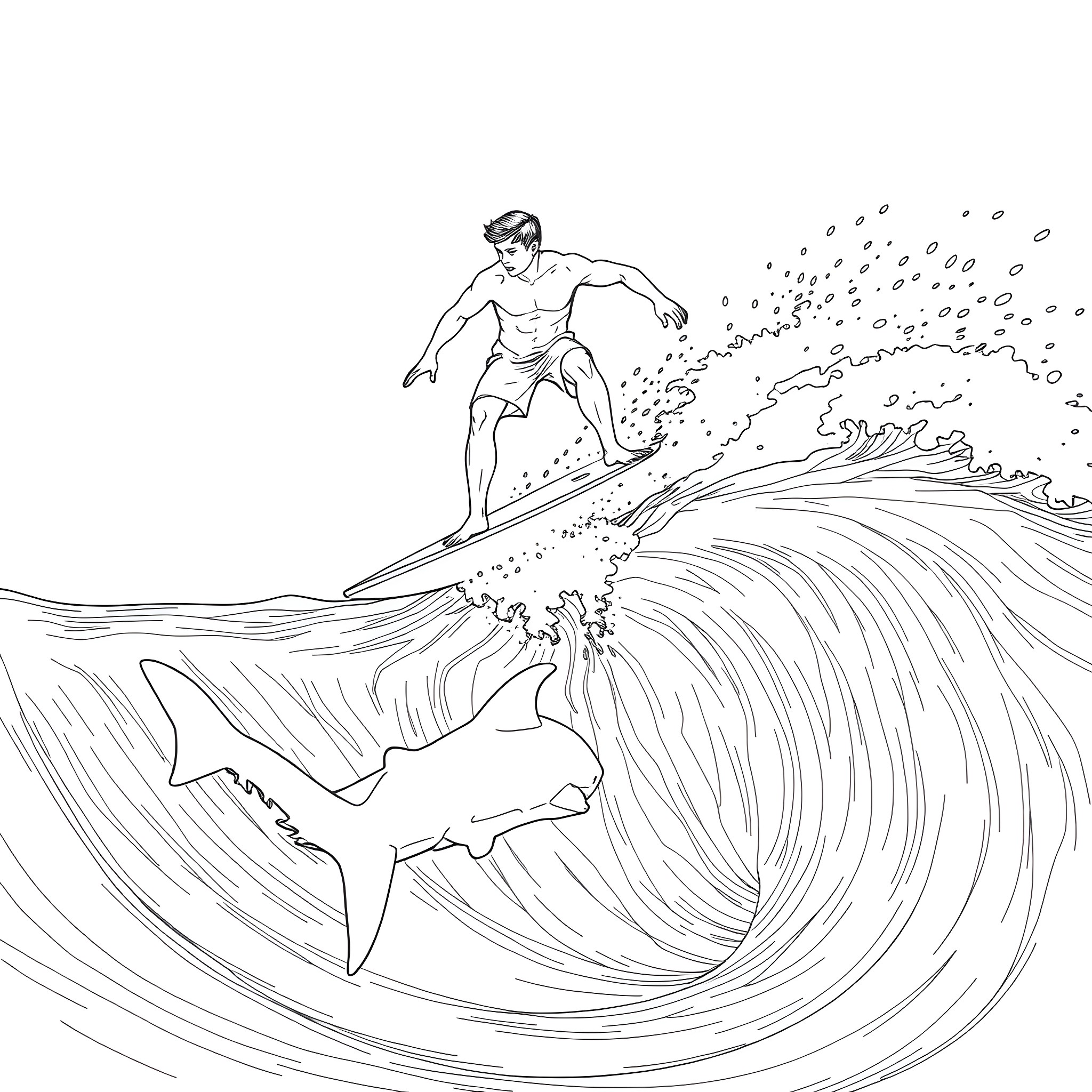 Darren Collison surfing amidst crashing waves and a shark Coloring Page (free black-and-white line drawing printable PDF for all, from beginners to advanced learners, including children, teens, adults, and seniors)