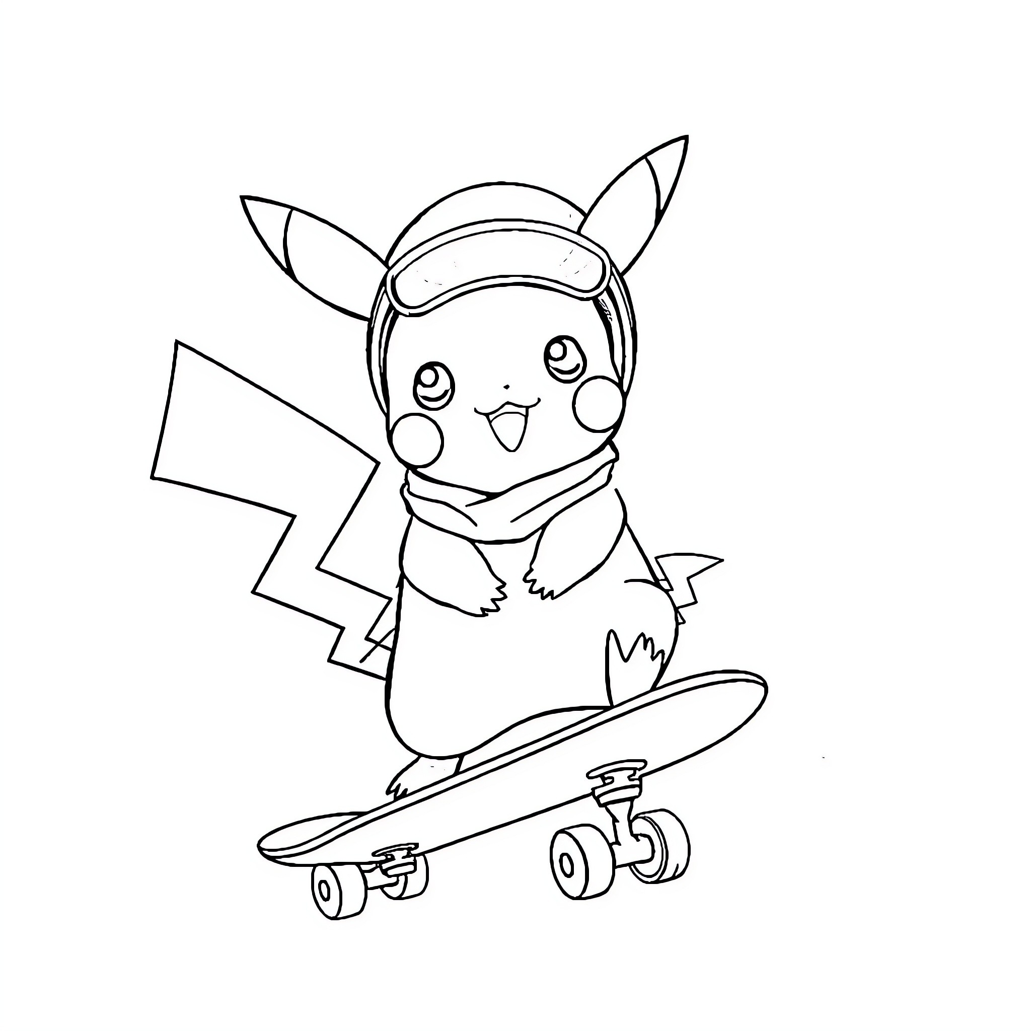 Pikachu skateboarding with a cheerful expression Coloring Page (free black-and-white line drawing printable PDF for all, from beginners to advanced learners, including children, teens, adults, and seniors)