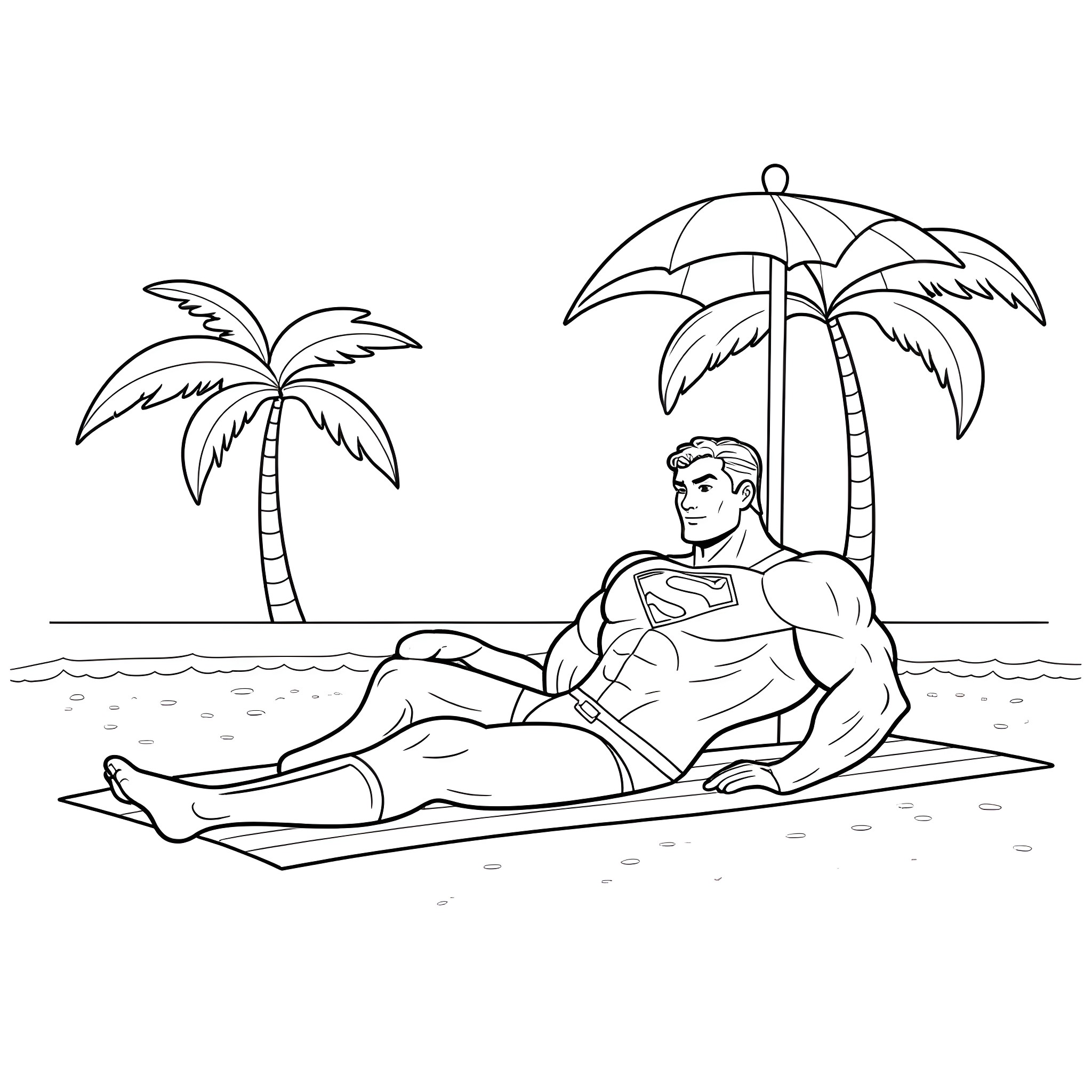 Superman relaxing on the beach under palm trees Coloring Page (free black-and-white line drawing printable PDF for all, from beginners to advanced learners, including children, teens, adults, and seniors)
