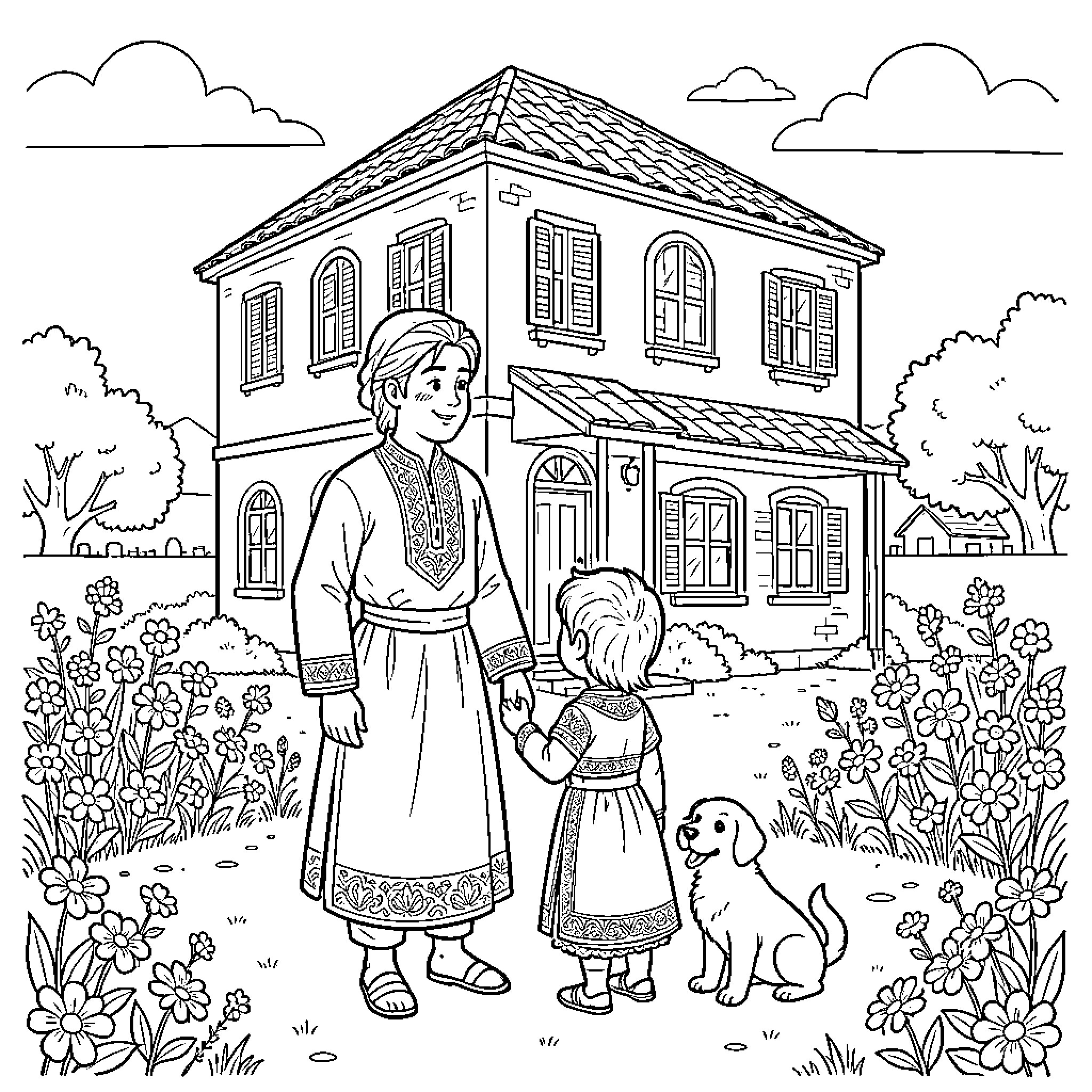 Doreman woman and child holding hands in front of a house Coloring Page (free black-and-white line drawing printable PDF for all, from beginners to advanced learners, including children, teens, adults, and seniors)