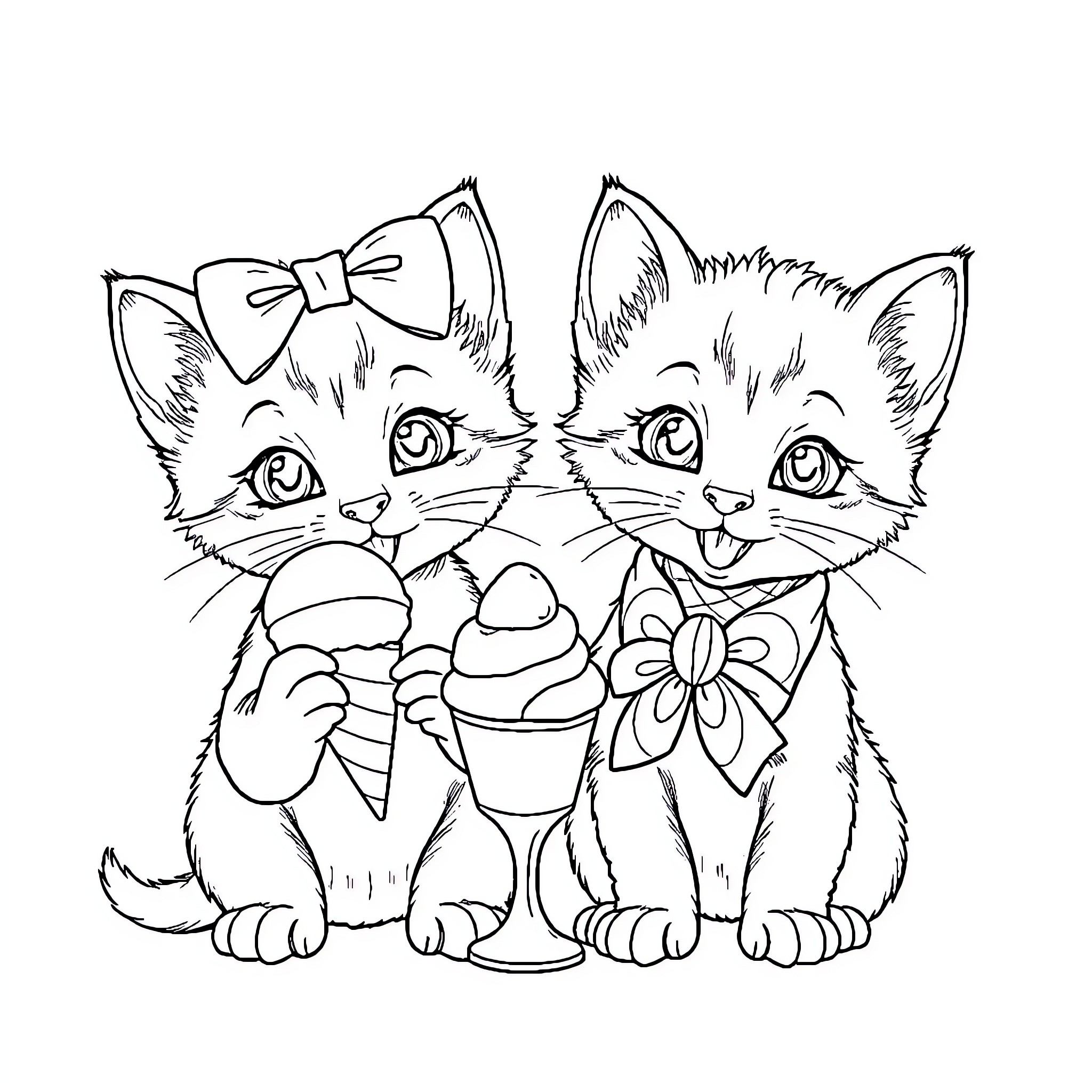 Kittens enjoying ice cream desserts Coloring Page (free black-and-white line drawing printable PDF for all, from beginners to advanced learners, including children, teens, adults, and seniors)