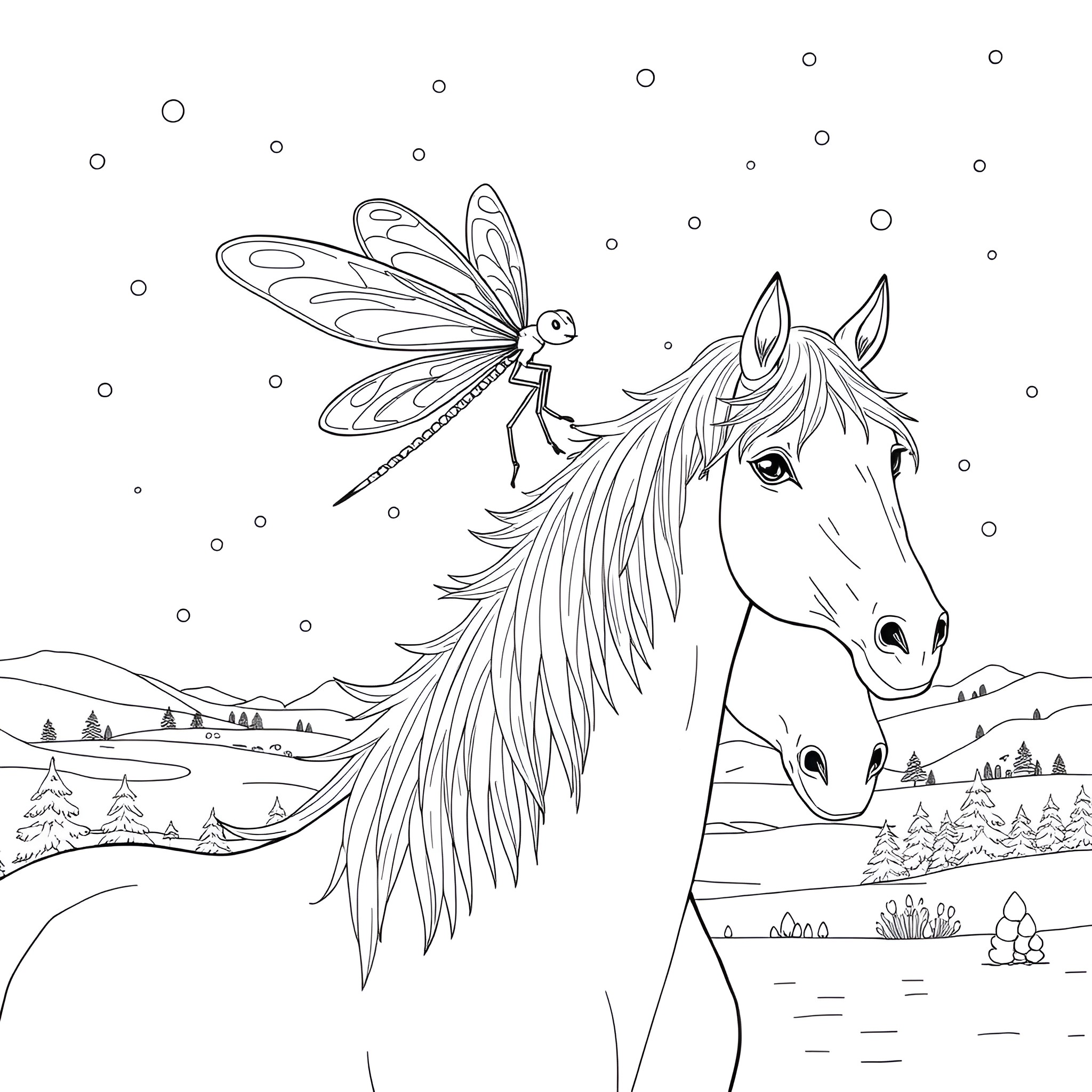 Dragonfly resting on majestic horse in winter landscape Coloring Page (free black-and-white line drawing printable PDF for all, from beginners to advanced learners, including children, teens, adults, and seniors)