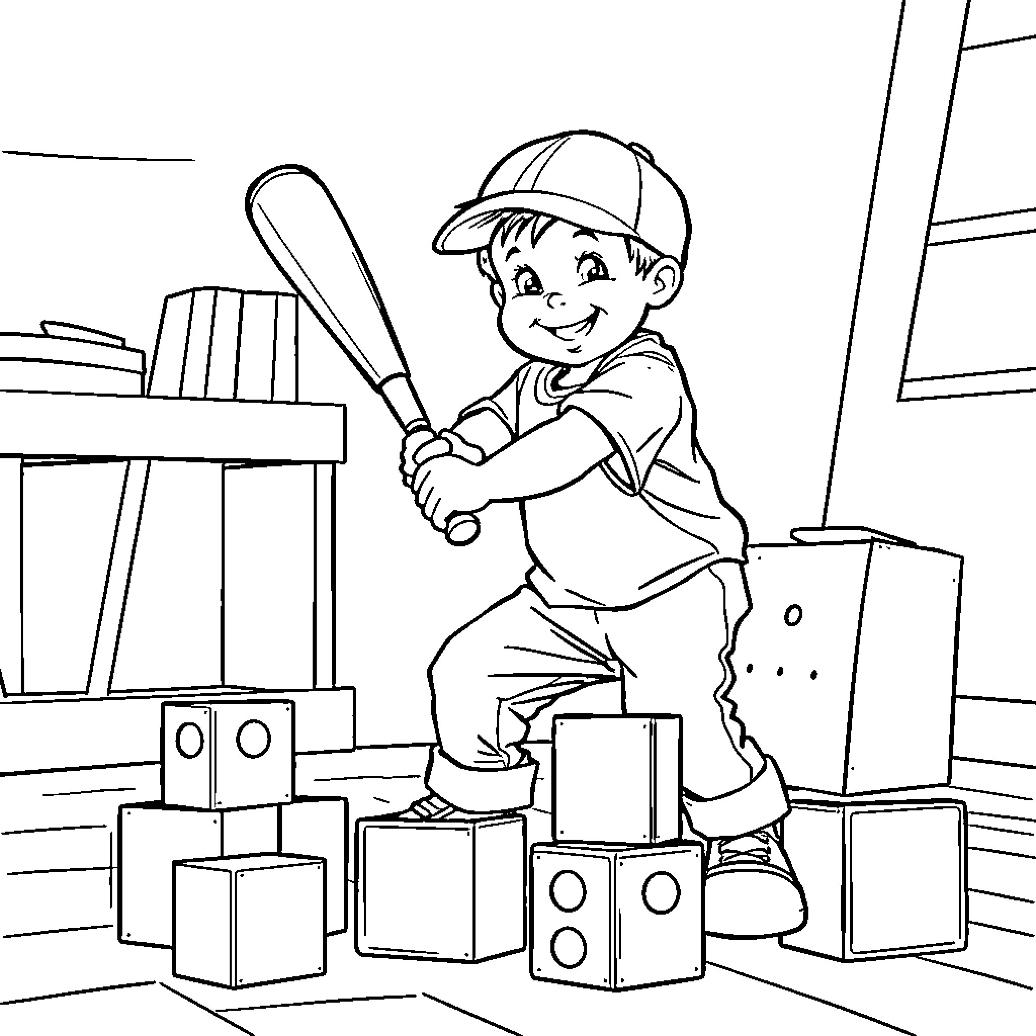 Toddler playing with baseball bat in toy-filled room Coloring Page (free black-and-white line drawing printable PDF for all, from beginners to advanced learners, including children, teens, adults, and seniors)
