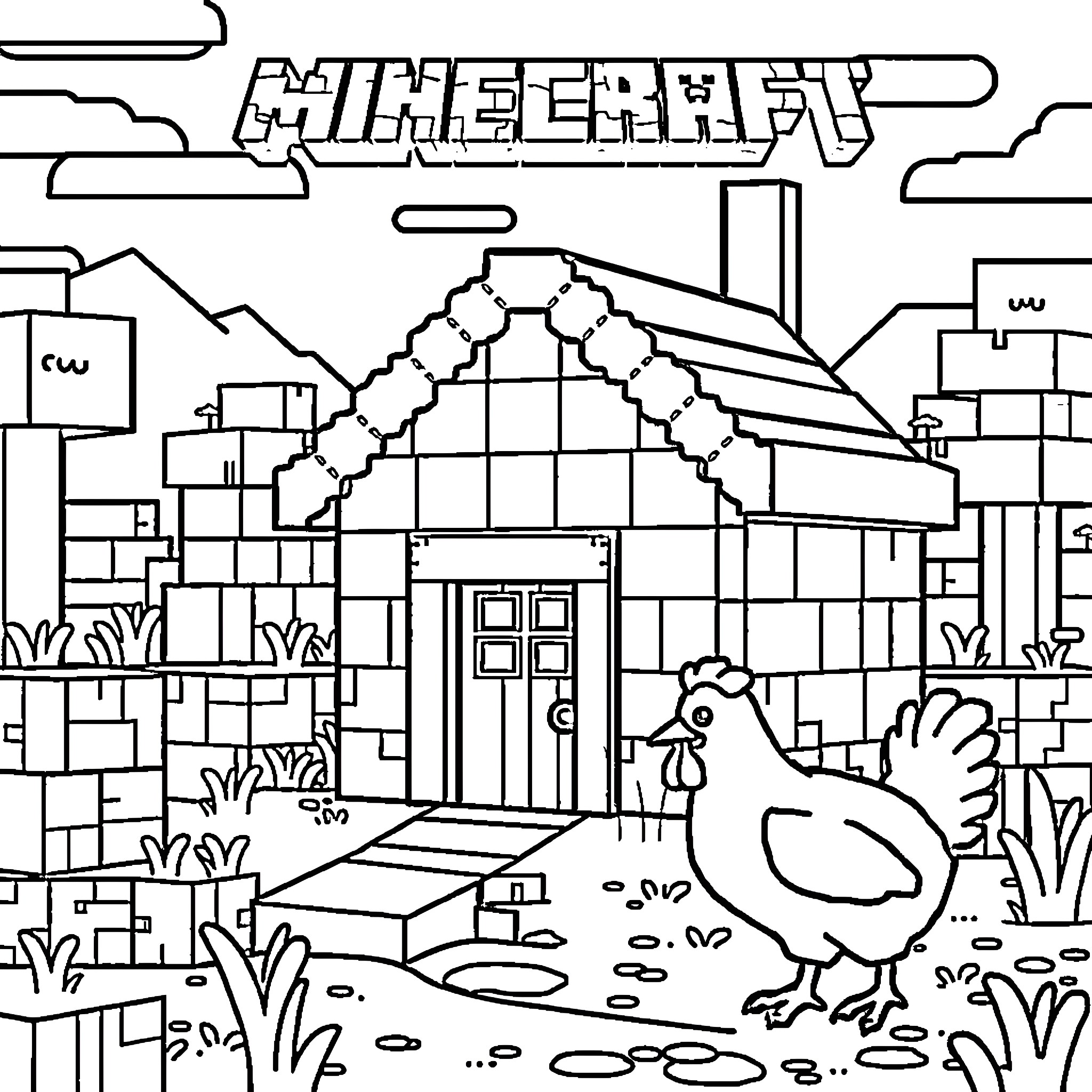 Minecraft Landscape with Farmhouse and Chicken Coloring Page (free black-and-white line drawing printable PDF for all, from beginners to advanced learners, including children, teens, adults, and seniors)