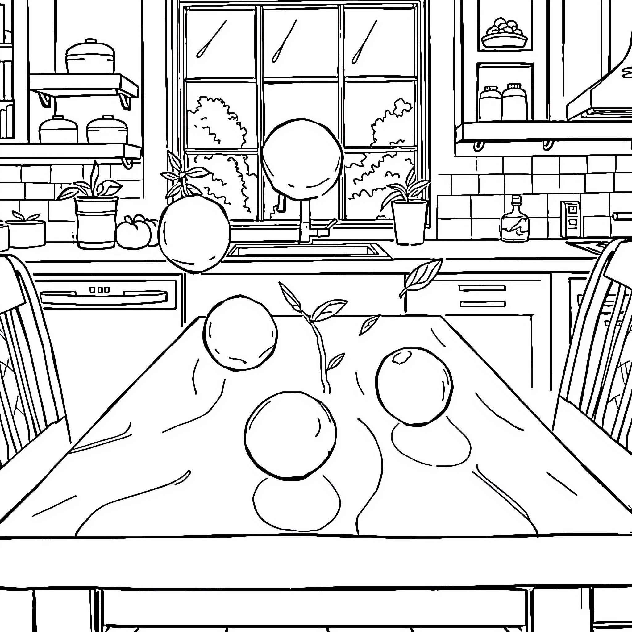Orange Treats in the Cozy Kitchen Coloring Page (free black-and-white line drawing printable PDF for all, from beginners to advanced learners, including children, teens, adults, and seniors)