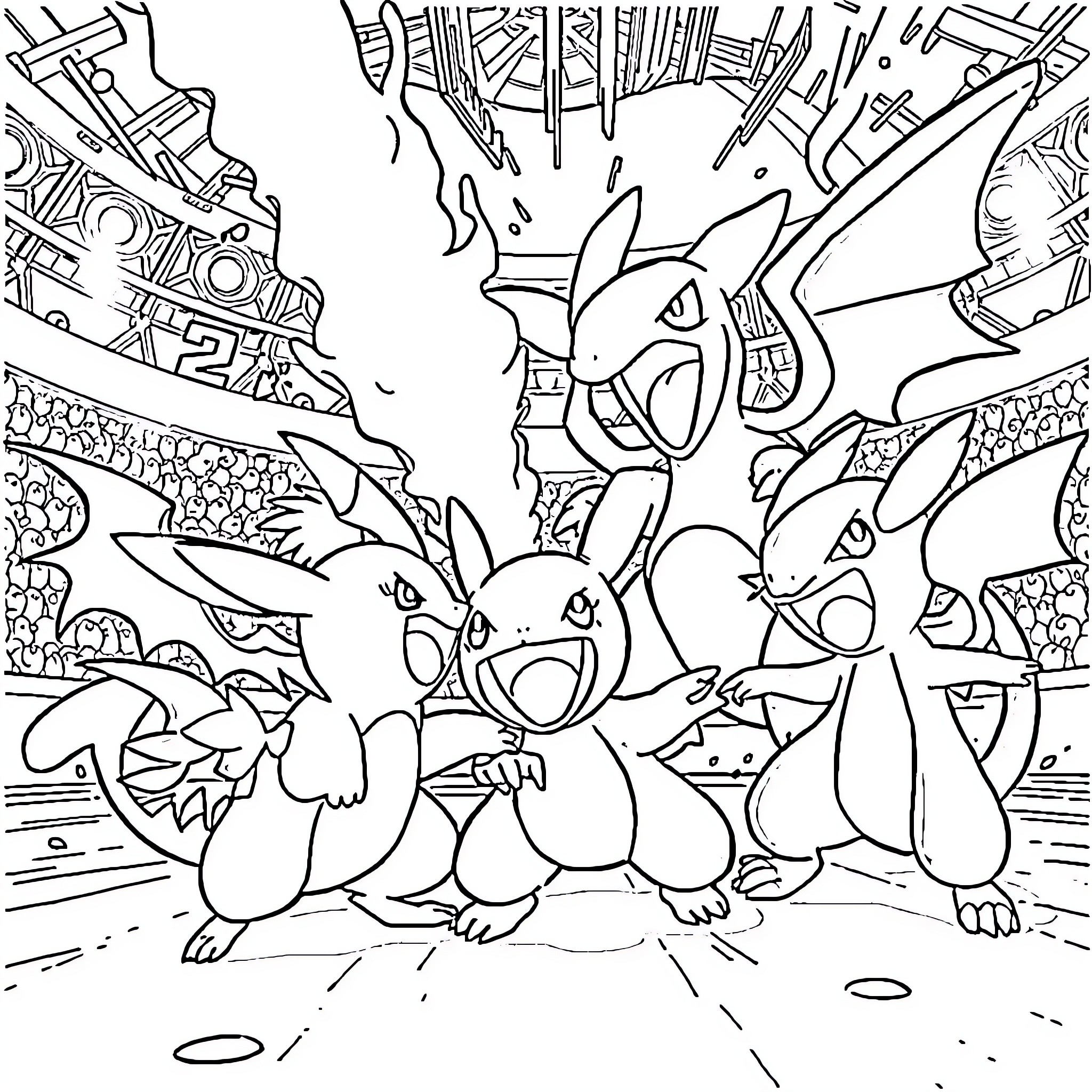 Pokémon Battling Dynamically in a Fantastical Arena Coloring Page (free black-and-white line drawing printable PDF for all, from beginners to advanced learners, including children, teens, adults, and seniors)