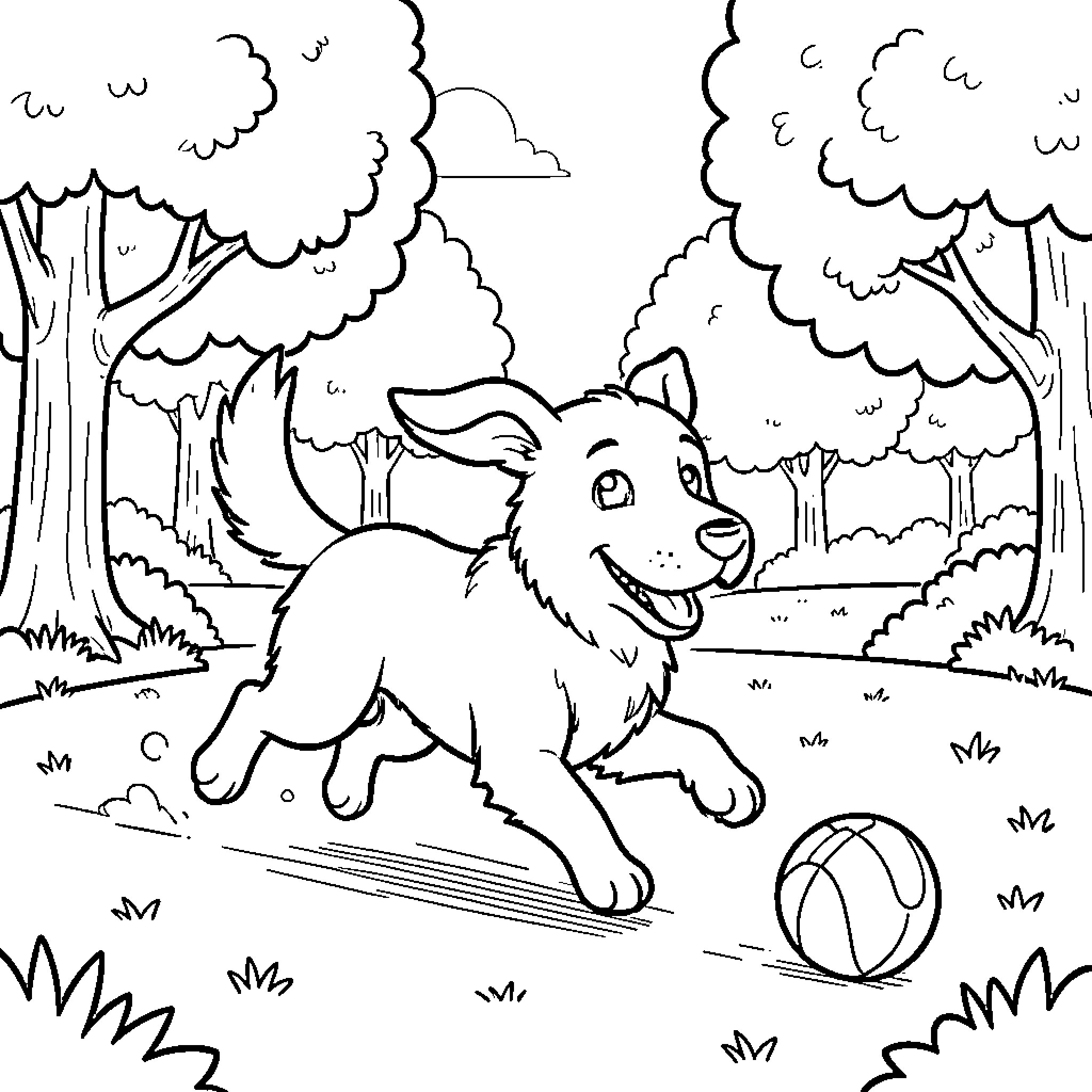 Dog running happily after a ball in the woods Coloring Page (free black-and-white line drawing printable PDF for all, from beginners to advanced learners, including children, teens, adults, and seniors)