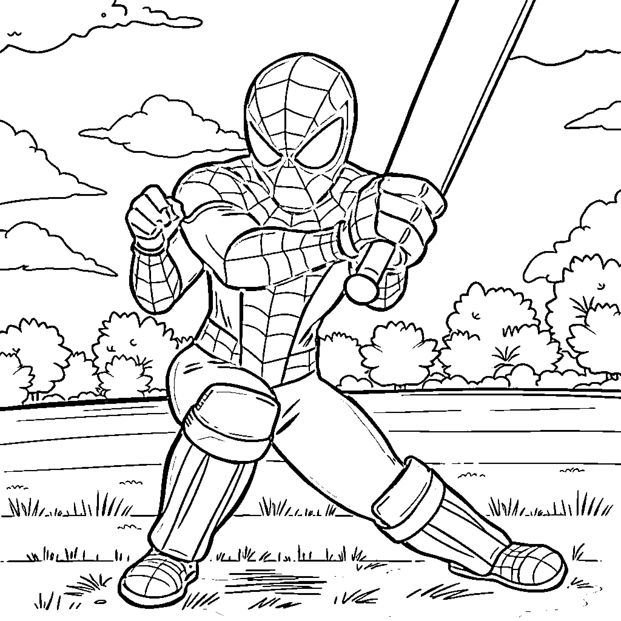 Spiderman in action on cloudy day Coloring Page (free black-and-white line drawing printable PDF for all, from beginners to advanced learners, including children, teens, adults, and seniors)