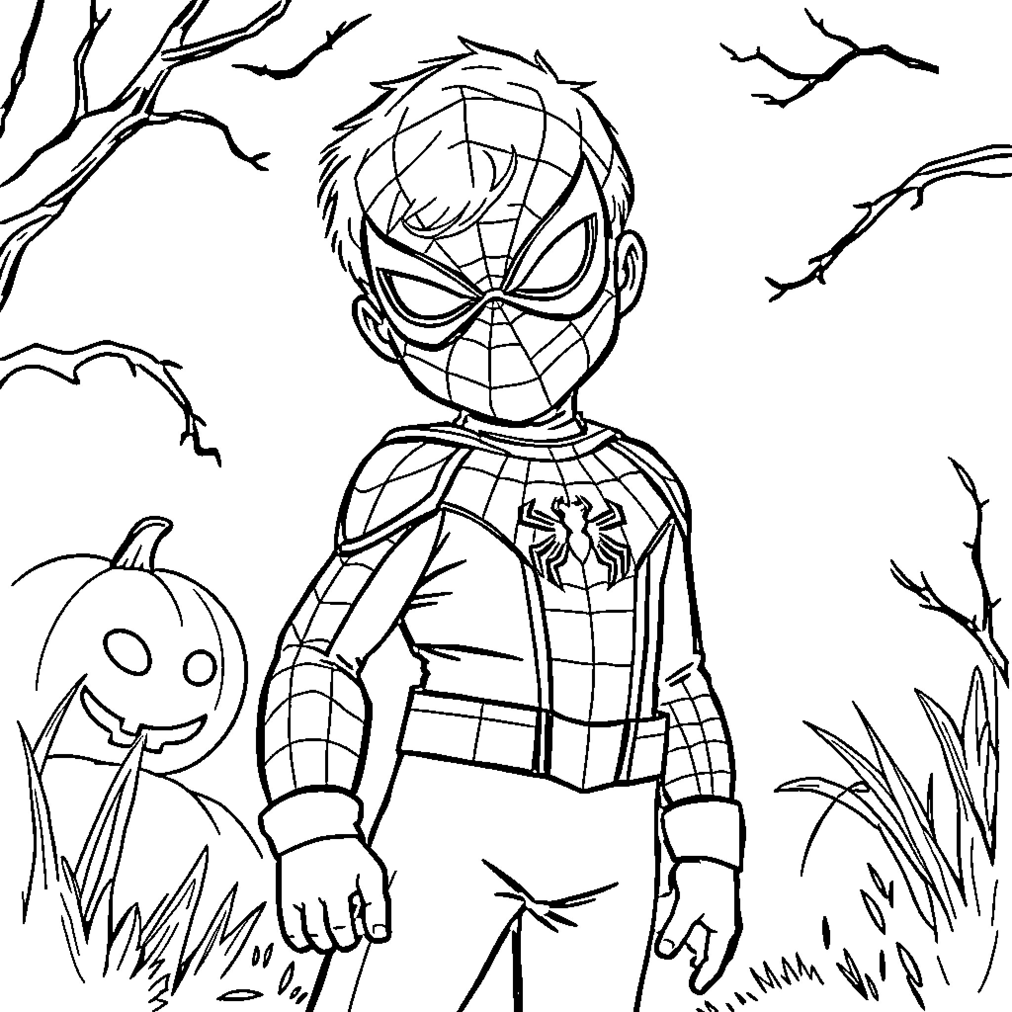 Spiderman exploring a spooky Halloween scene Coloring Page (free black-and-white line drawing printable PDF for all, from beginners to advanced learners, including children, teens, adults, and seniors)