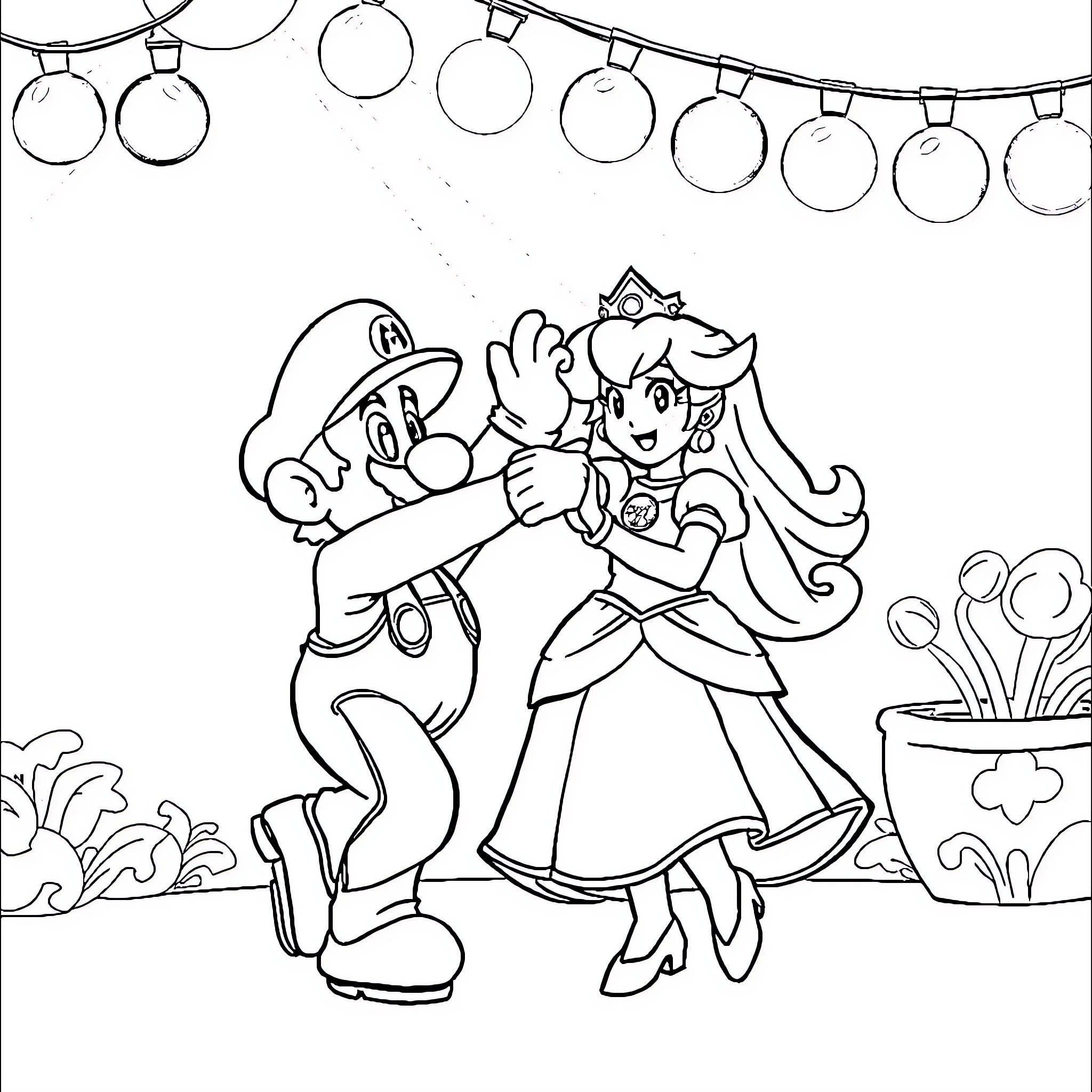 Super Mario Princess Peach's Dancing Celebration Coloring Page (free black-and-white line drawing printable PDF for all, from beginners to advanced learners, including children, teens, adults, and seniors)
