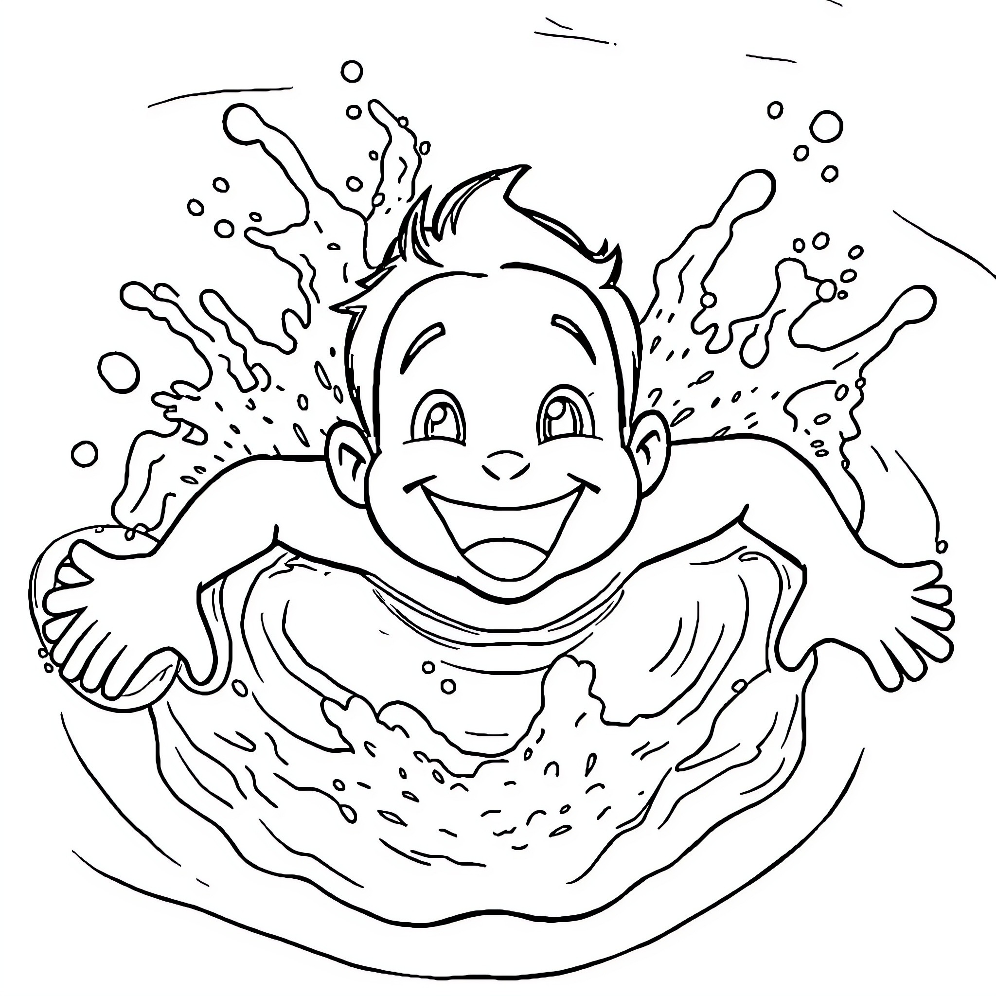 Gojo Splashing Happily in the Water Coloring Page (free black-and-white line drawing printable PDF for all, from beginners to advanced learners, including children, teens, adults, and seniors)