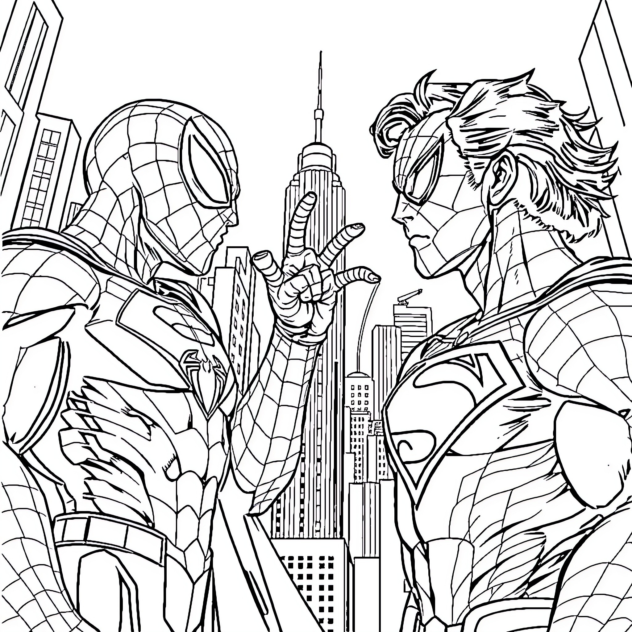 Superman and Spiderman confront each other in the city Coloring Page (free black-and-white line drawing printable PDF for all, from beginners to advanced learners, including children, teens, adults, and seniors)