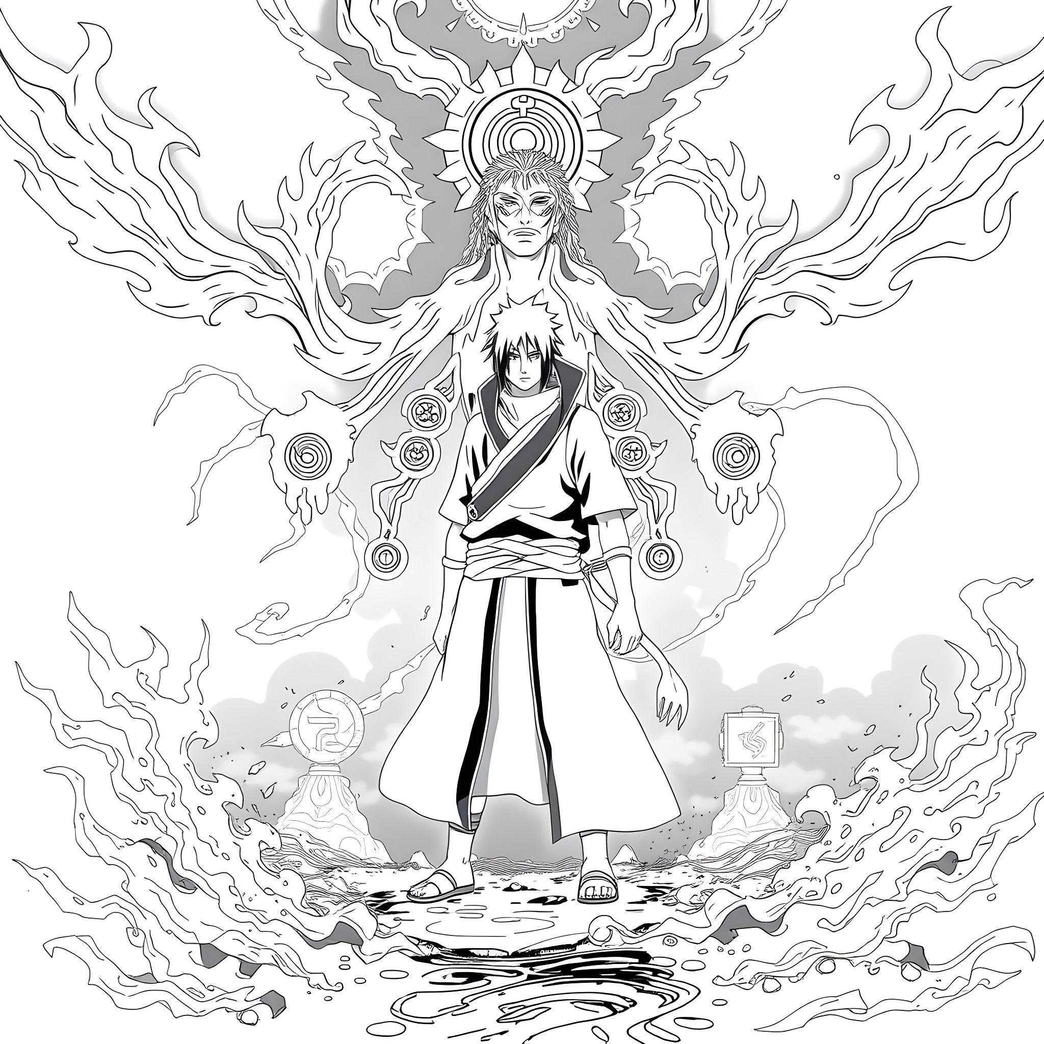 Itachi Uchiha's Mystical Awakening Coloring Page (free black-and-white line drawing printable PDF for all, from beginners to advanced learners, including children, teens, adults, and seniors)