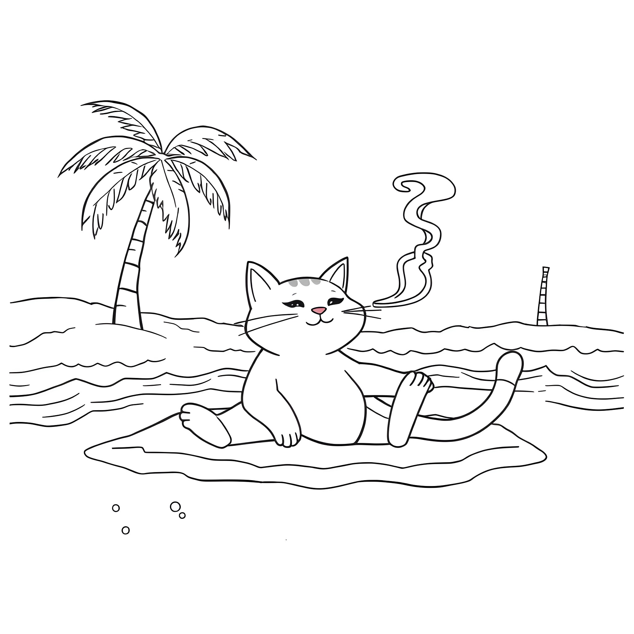 Cat relaxing on beach with palm tree Coloring Page (free black-and-white line drawing printable PDF for all, from beginners to advanced learners, including children, teens, adults, and seniors)
