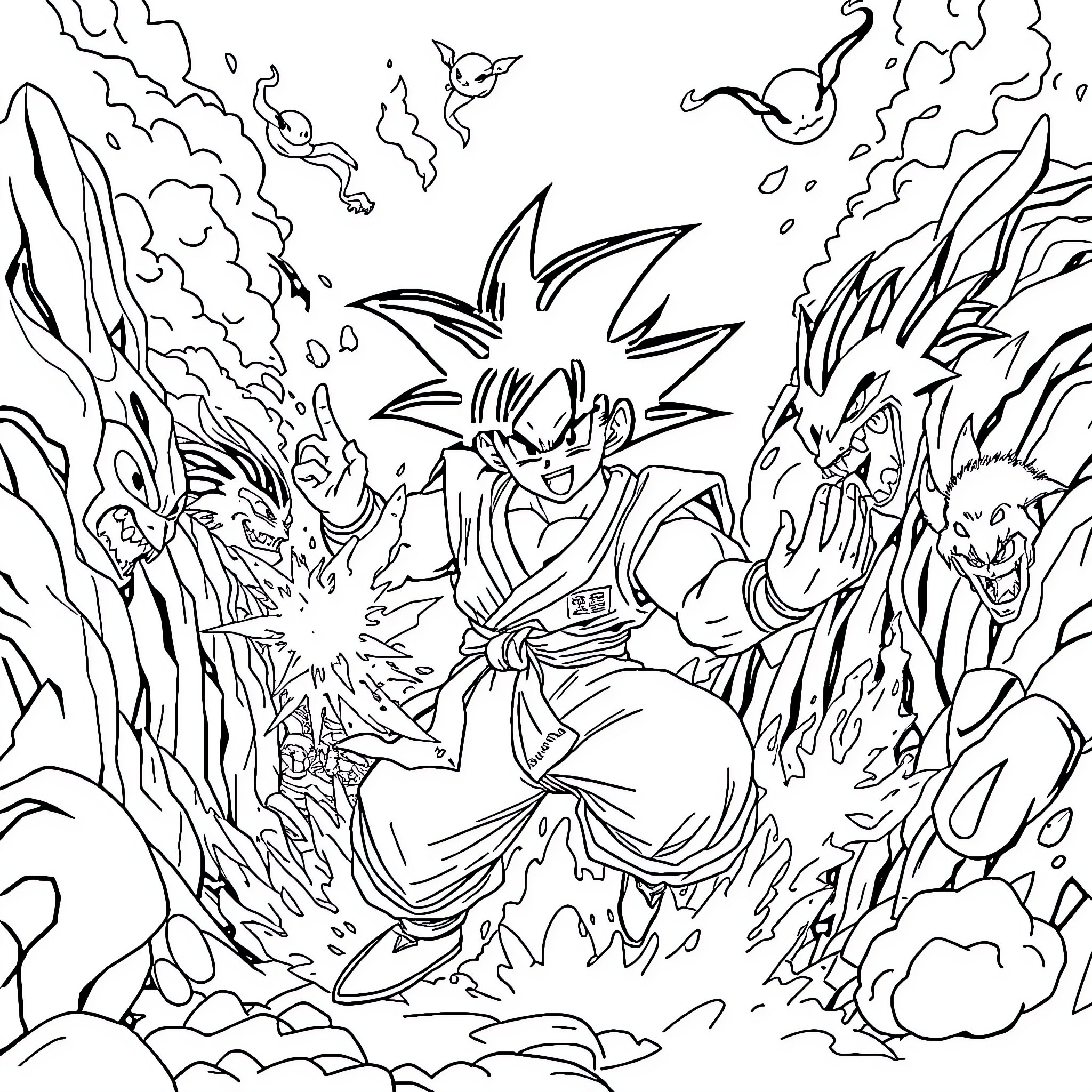 Dragon Ball: Goku Unleashing Powerful Attacks Coloring Page (free black-and-white line drawing printable PDF for all, from beginners to advanced learners, including children, teens, adults, and seniors)