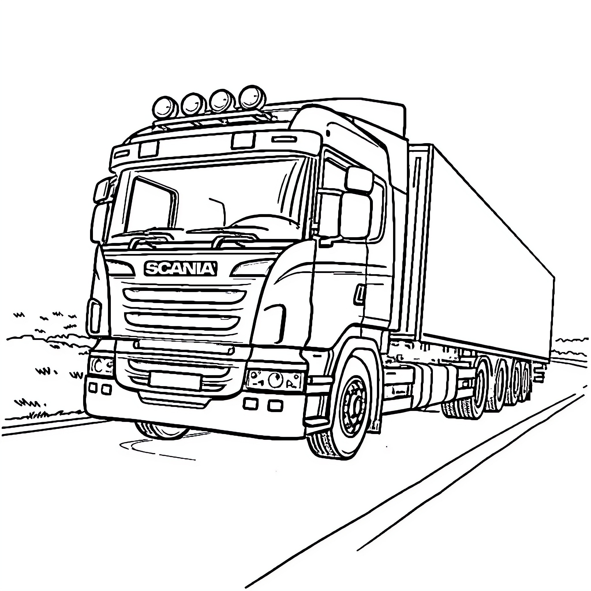 Scania semi-truck on the road Coloring Page (free black-and-white line drawing printable PDF for all, from beginners to advanced learners, including children, teens, adults, and seniors)