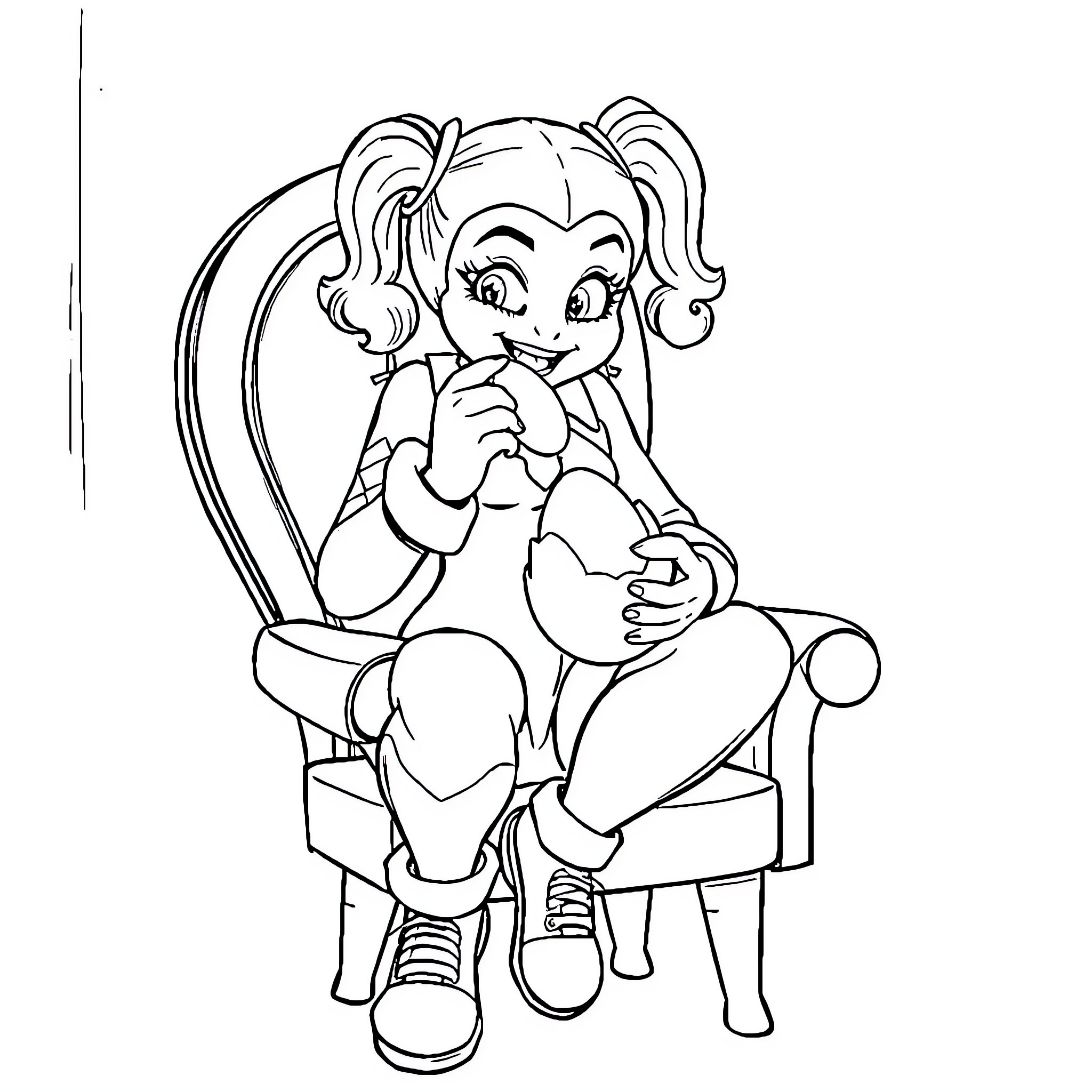 Harley Quinn sitting and pondering Coloring Page (free black-and-white line drawing printable PDF for all, from beginners to advanced learners, including children, teens, adults, and seniors)