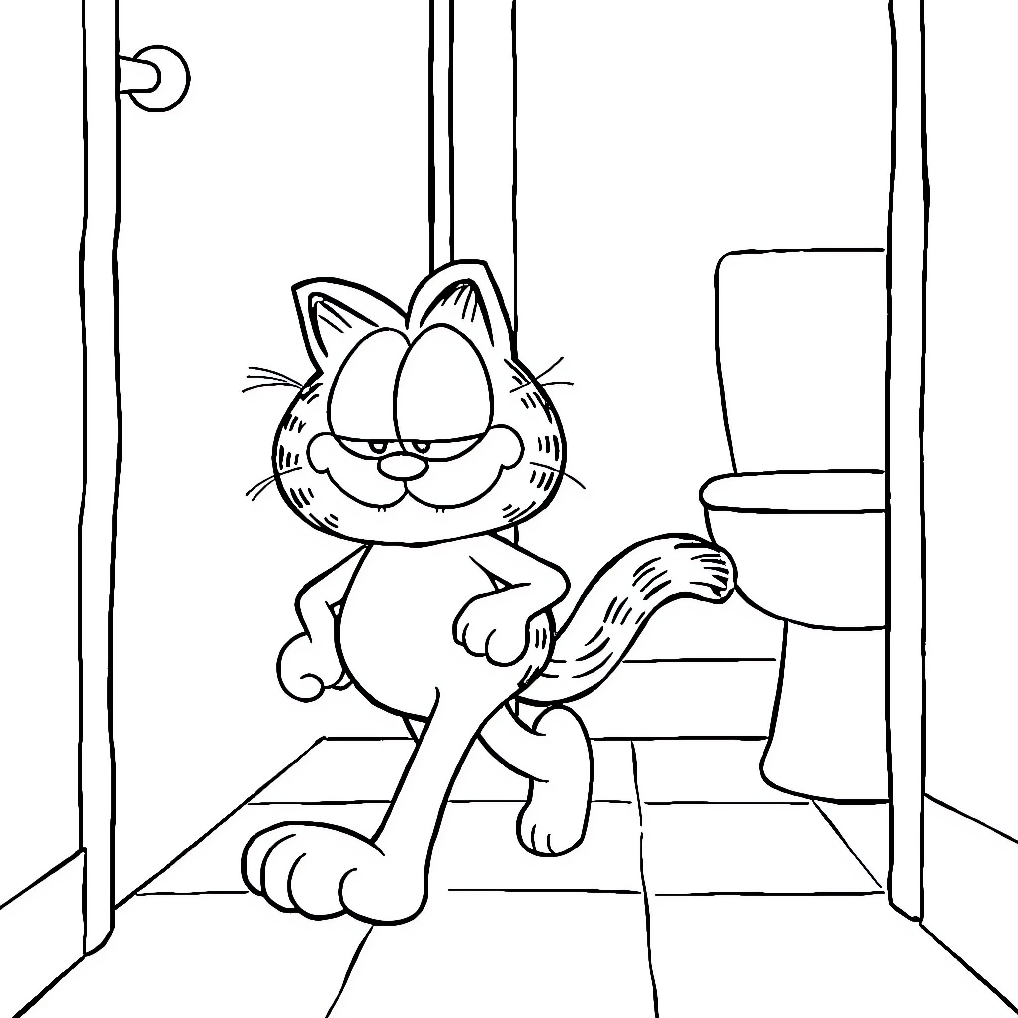 Garfield lounging lazily in the doorway Coloring Page (free black-and-white line drawing printable PDF for all, from beginners to advanced learners, including children, teens, adults, and seniors)