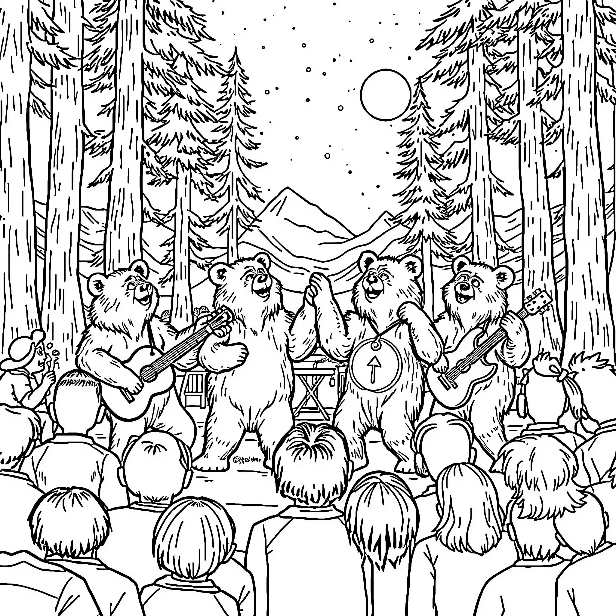 Bear Band Performing in the Snowy Forest Coloring Page (free black-and-white line drawing printable PDF for all, from beginners to advanced learners, including children, teens, adults, and seniors)