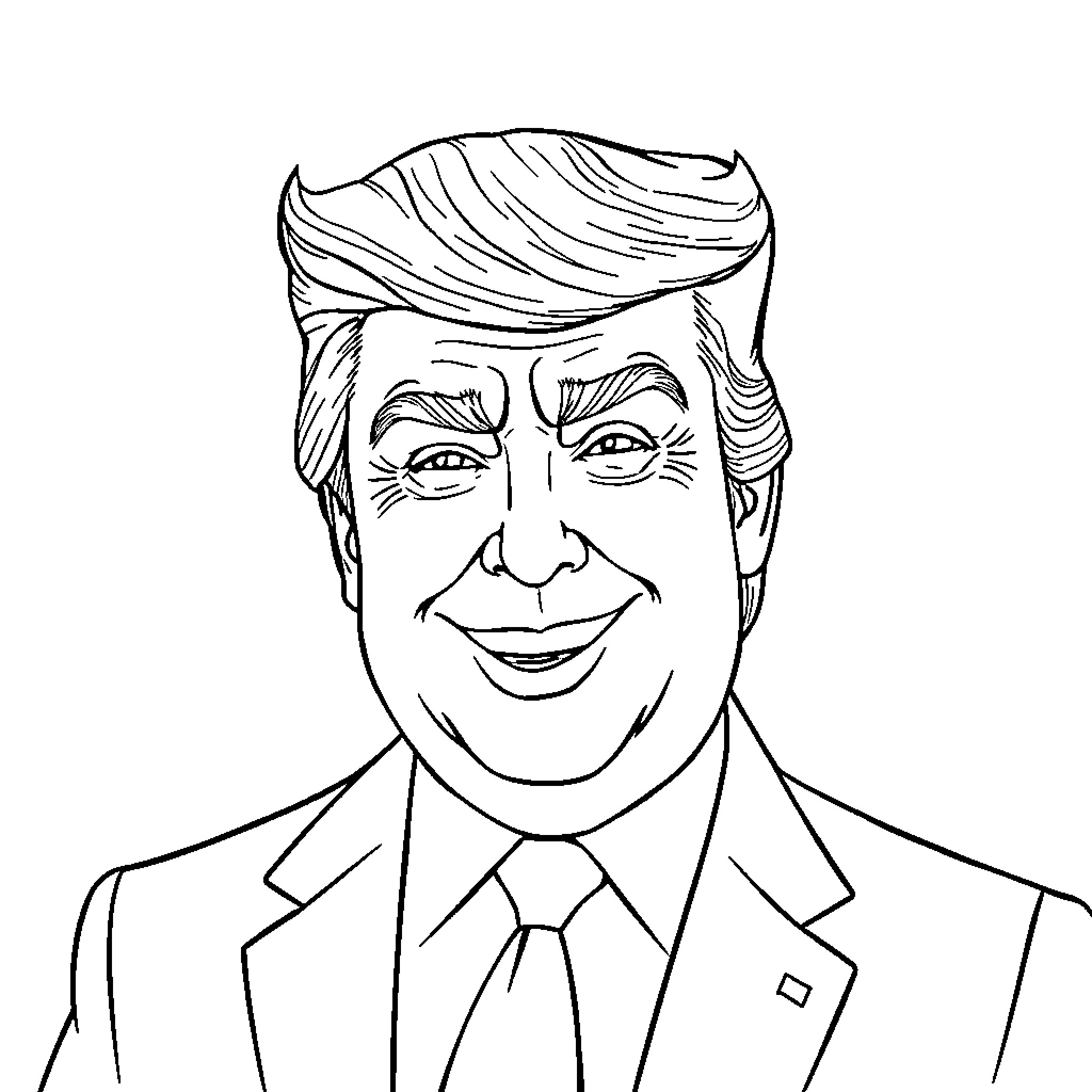Donald Trump in Formal Attire Smiling Coloring Page (free black-and-white line drawing printable PDF for all, from beginners to advanced learners, including children, teens, adults, and seniors)