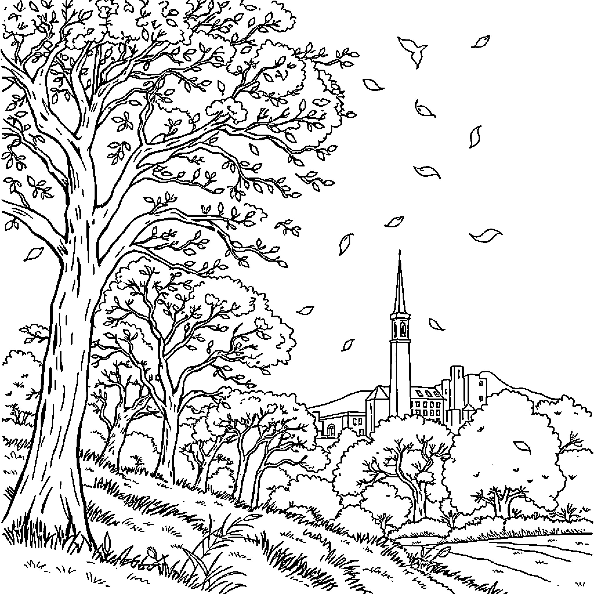 Wellington's Scenic Autumn Landscape Coloring Page (free black-and-white line drawing printable PDF for all, from beginners to advanced learners, including children, teens, adults, and seniors)