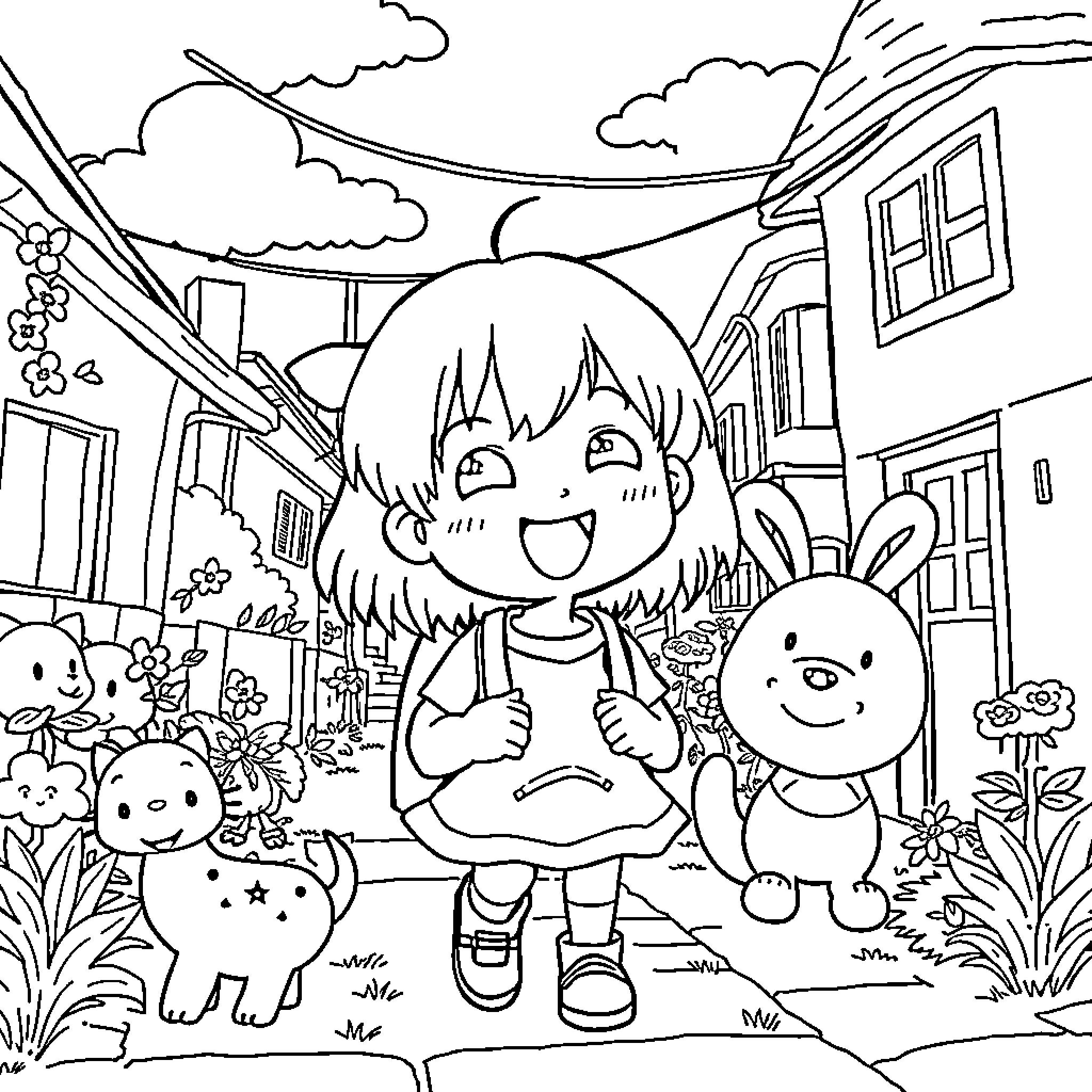 Yotsuba enjoying a bright day with her animal friends Coloring Page (free black-and-white line drawing printable PDF for all, from beginners to advanced learners, including children, teens, adults, and seniors)