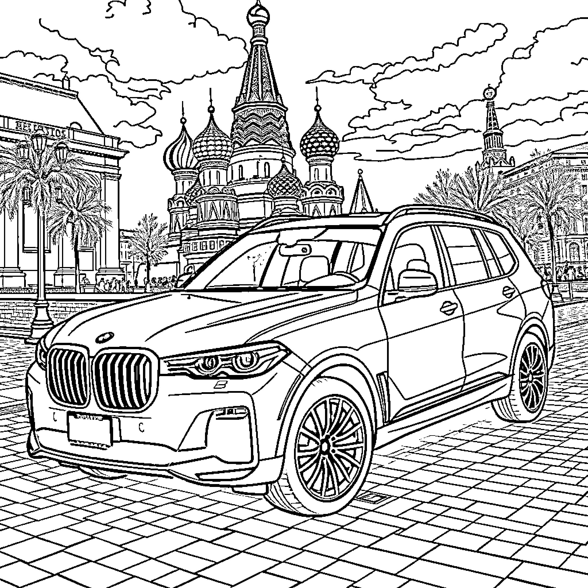 BMW X7 in front of St. Basil's Cathedral Coloring Page (free black-and-white line drawing printable PDF for all, from beginners to advanced learners, including children, teens, adults, and seniors)