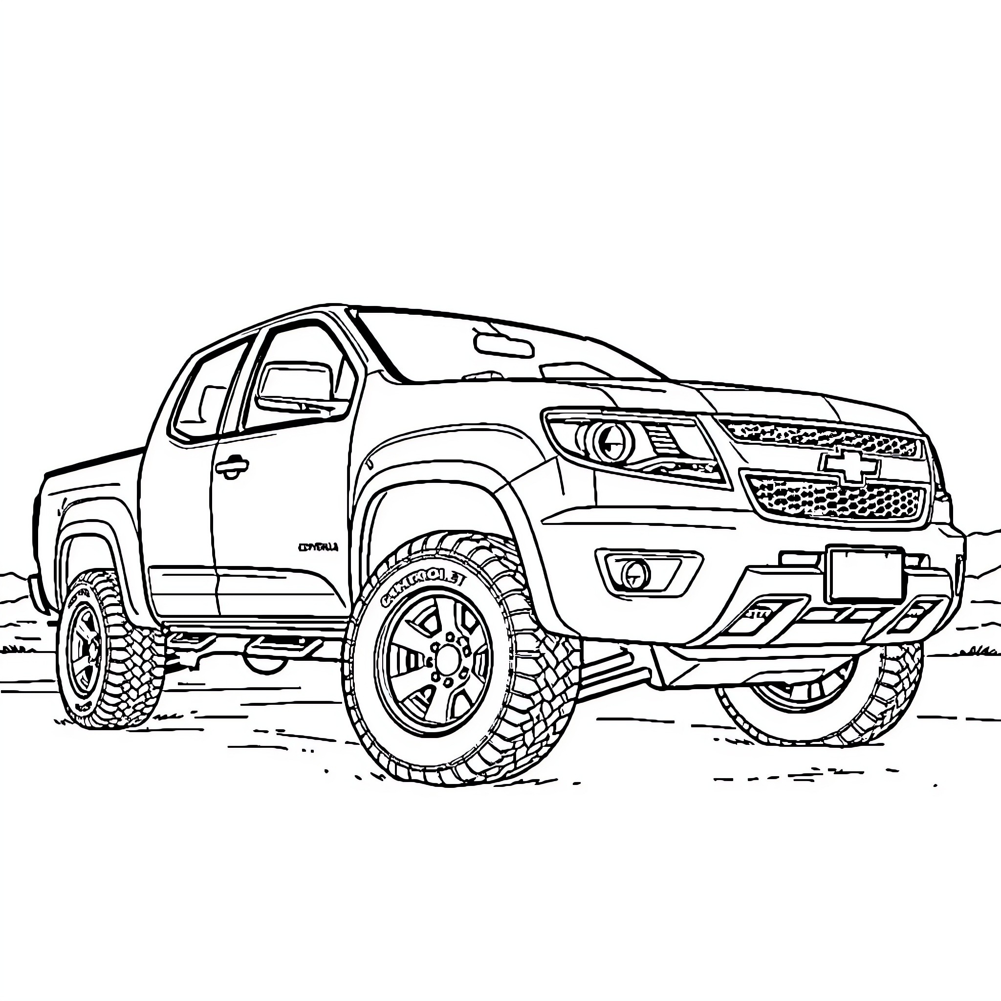 Chevrolet Colorado Pickup Truck in Rugged Terrain Coloring Page (free black-and-white line drawing printable PDF for all, from beginners to advanced learners, including children, teens, adults, and seniors)