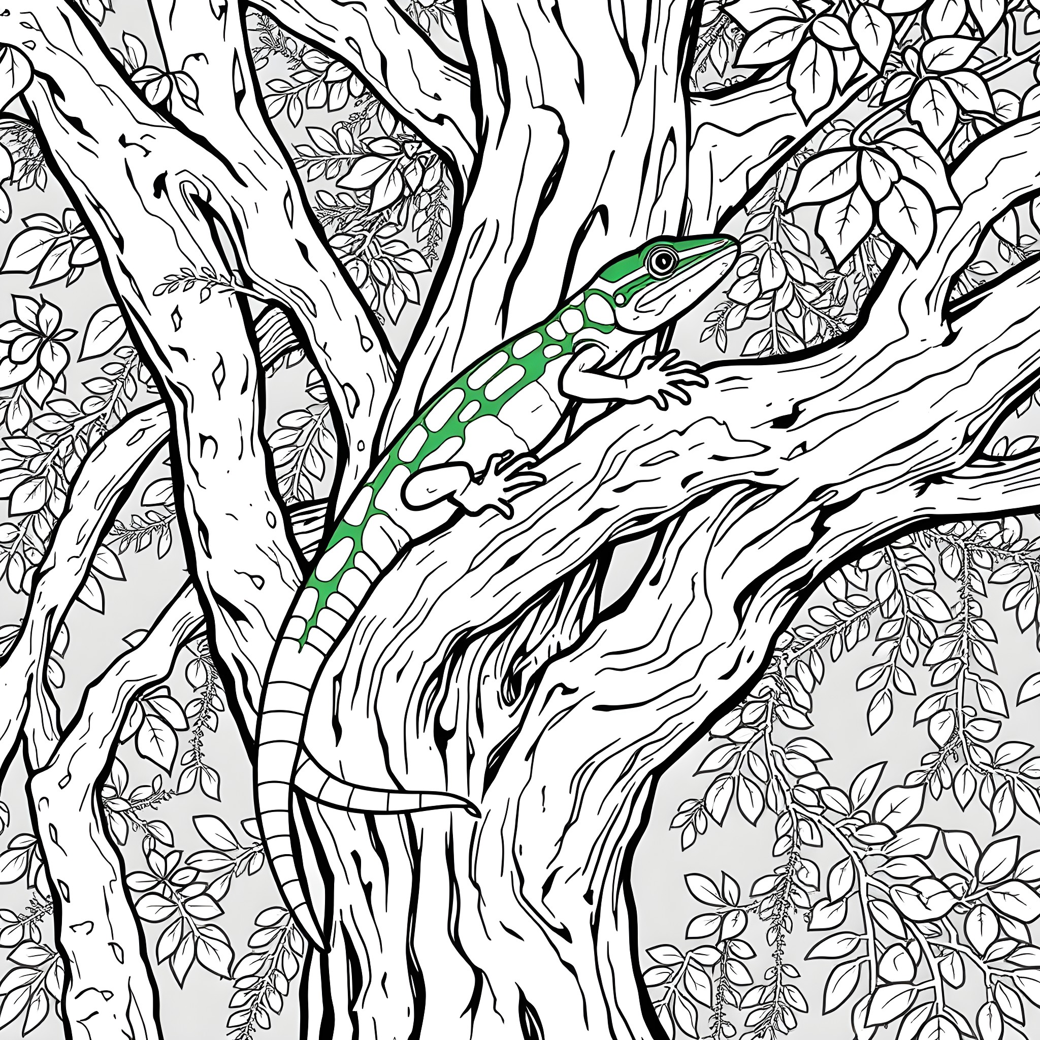 Emerald Tree Skink exploring the forest Coloring Page (free black-and-white line drawing printable PDF for all, from beginners to advanced learners, including children, teens, adults, and seniors)