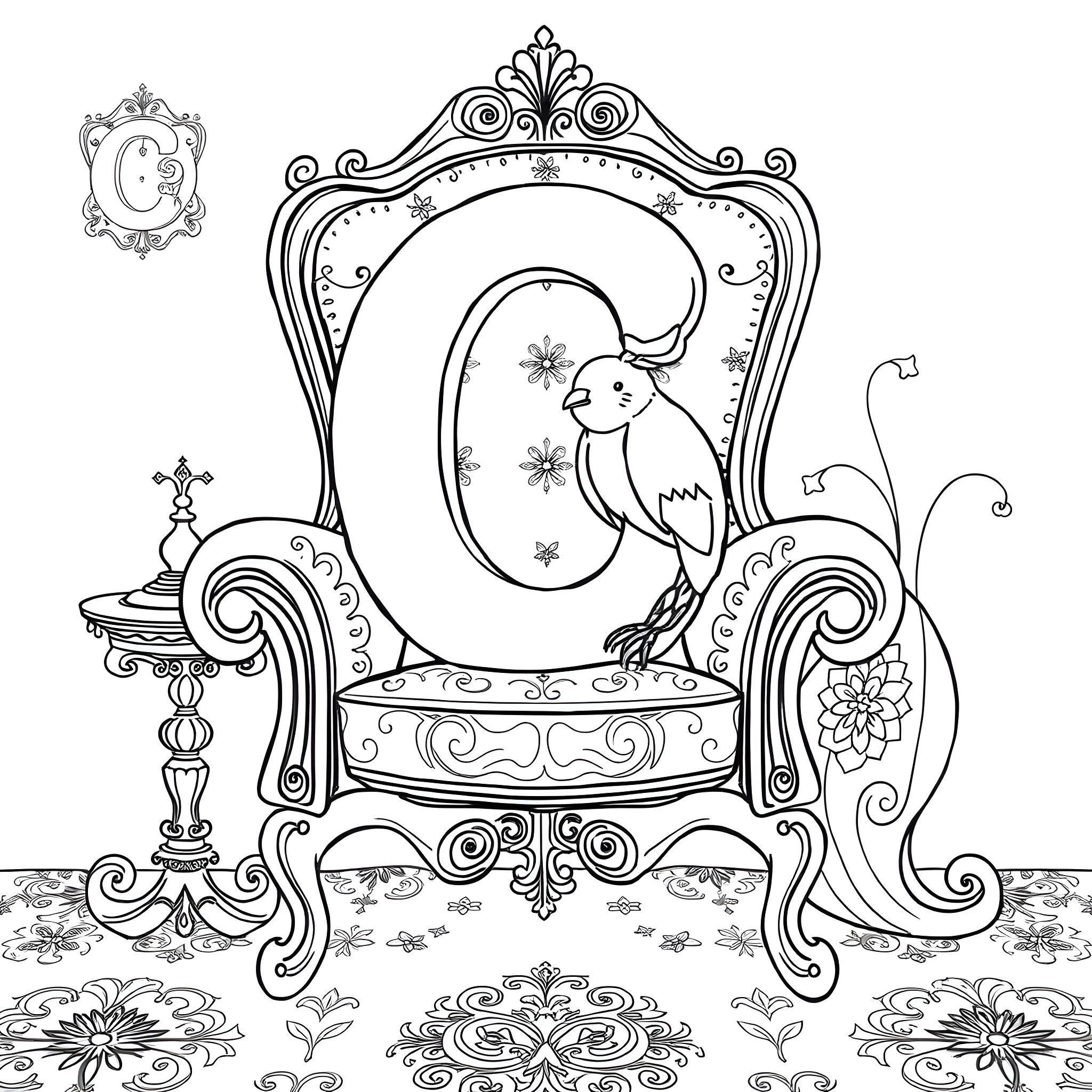 Letter C with decorative furniture and a bird Coloring Page (free black-and-white line drawing printable PDF for all, from beginners to advanced learners, including children, teens, adults, and seniors)