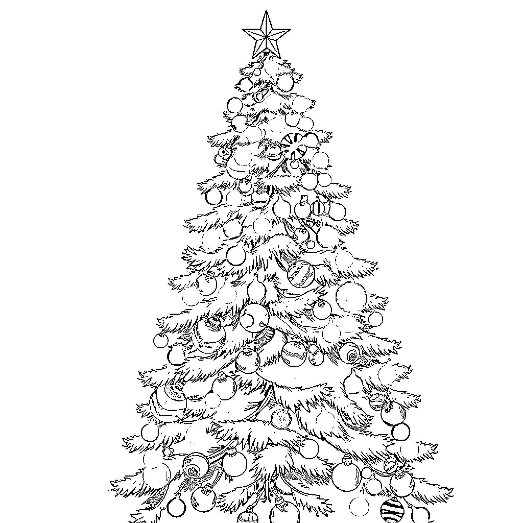 Christmas Tree with Ornaments and Star Topper Coloring Page (free black-and-white line drawing printable PDF for all, from beginners to advanced learners, including children, teens, adults, and seniors)