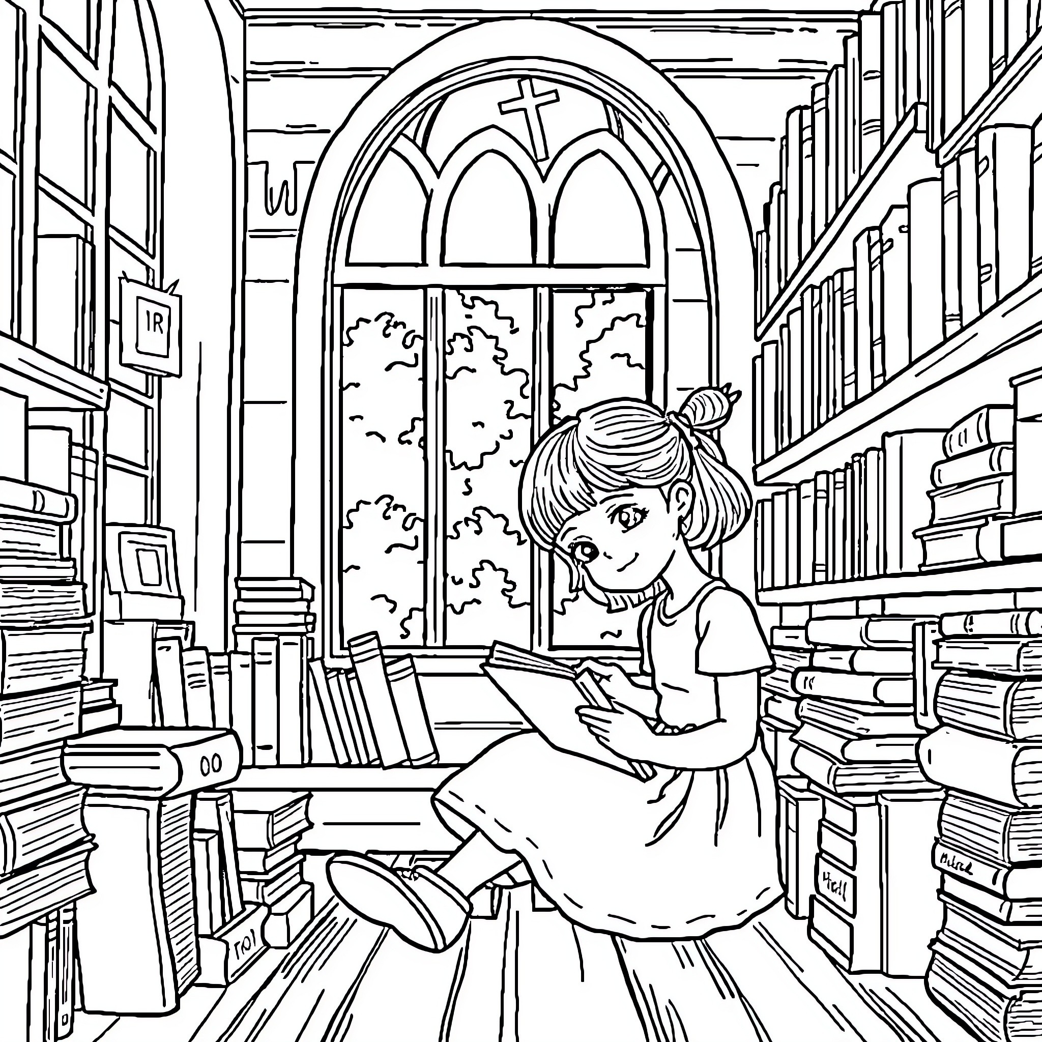 Girl reading quietly in the library Coloring Page (free black-and-white line drawing printable PDF for all, from beginners to advanced learners, including children, teens, adults, and seniors)