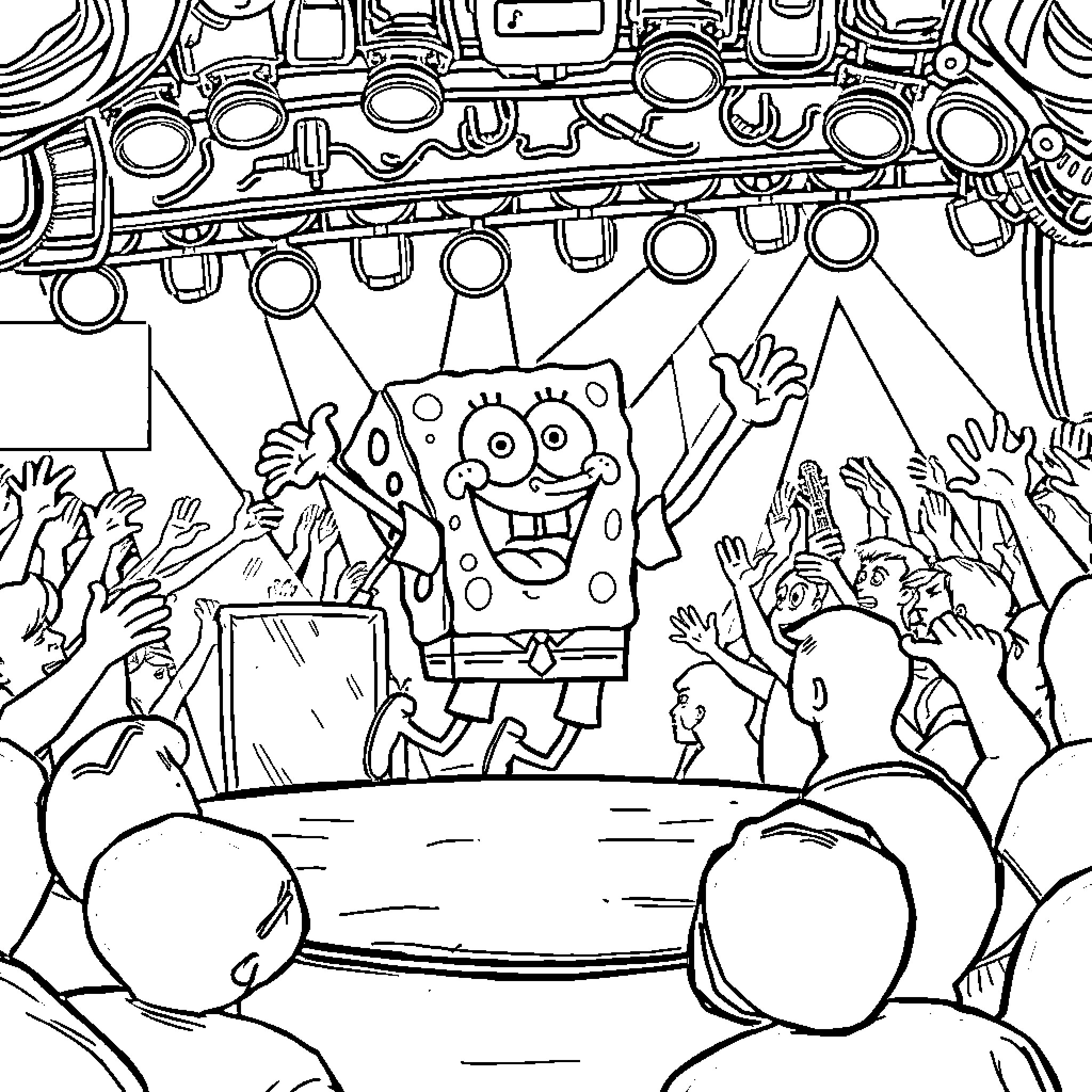 Spongebob performing on stage with excited audience Coloring Page (free black-and-white line drawing printable PDF for all, from beginners to advanced learners, including children, teens, adults, and seniors)