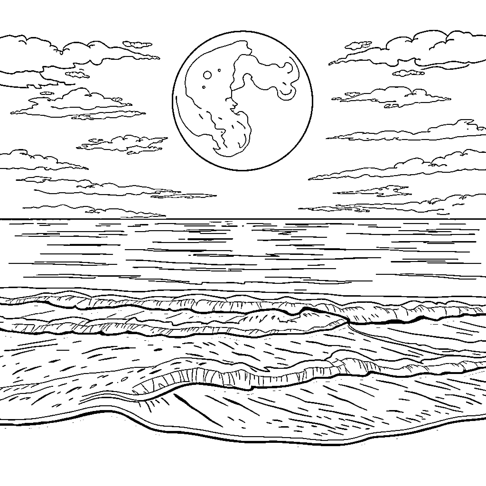 Moon over the tranquil ocean waves Coloring Page (free black-and-white line drawing printable PDF for all, from beginners to advanced learners, including children, teens, adults, and seniors)