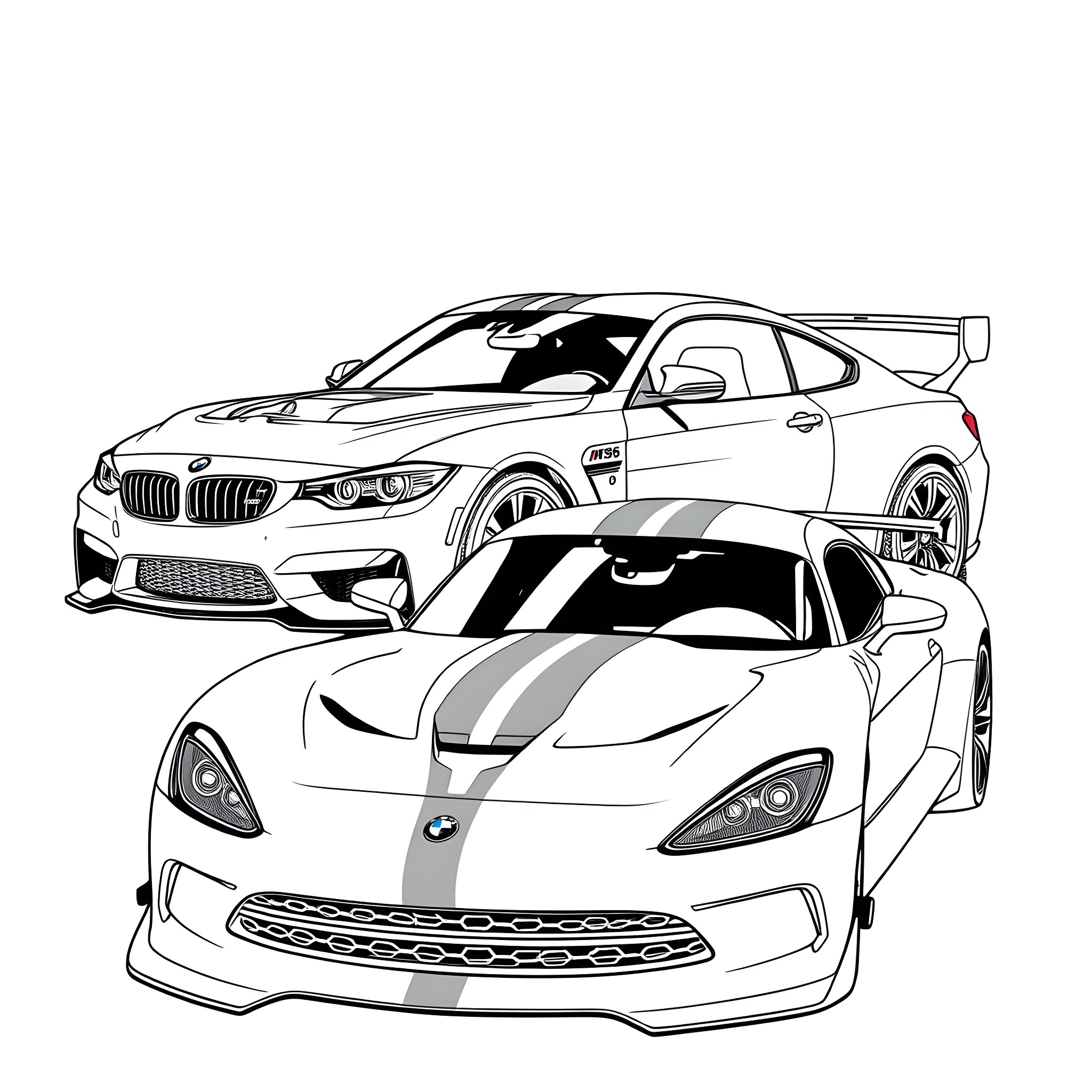 BMW M3 in racing action Coloring Page (free black-and-white line drawing printable PDF for all, from beginners to advanced learners, including children, teens, adults, and seniors)