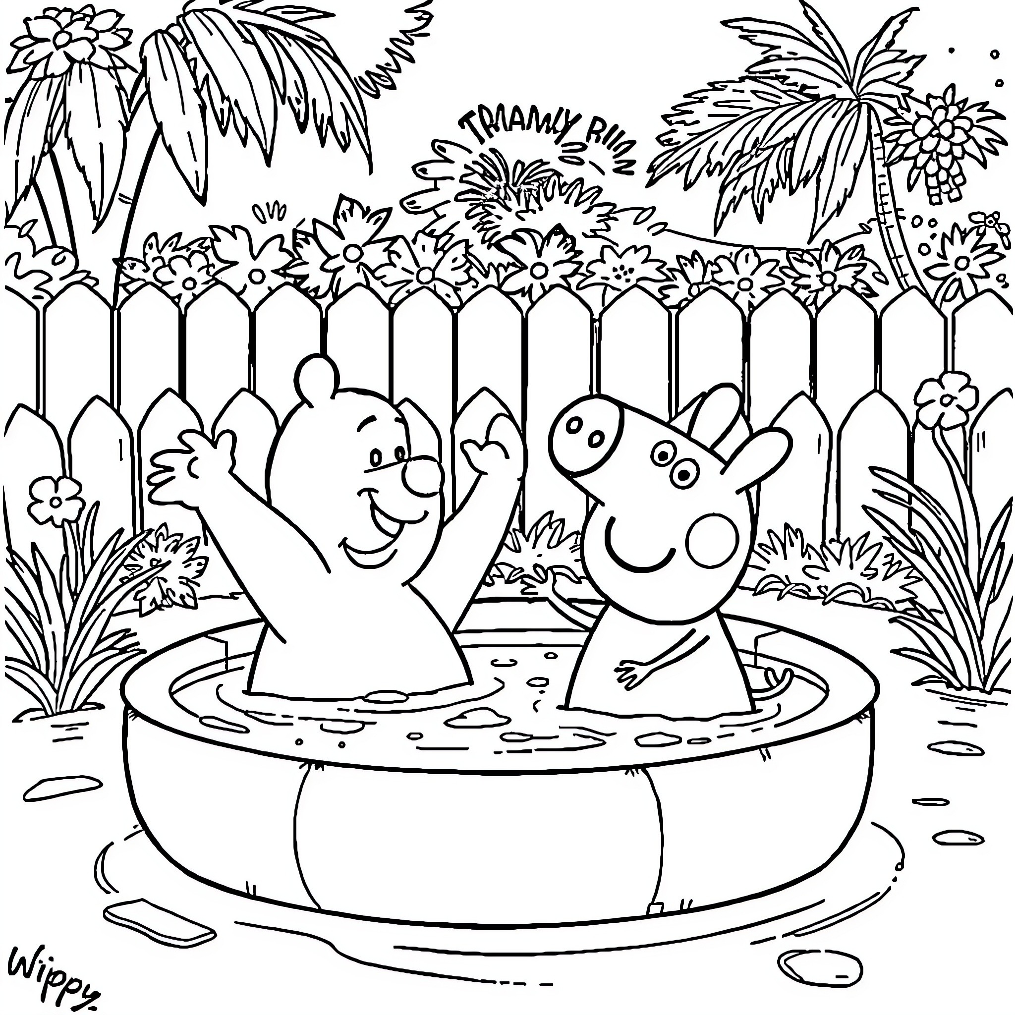 Winnie and friends enjoying a tropical garden oasis Coloring Page (free black-and-white line drawing printable PDF for all, from beginners to advanced learners, including children, teens, adults, and seniors)