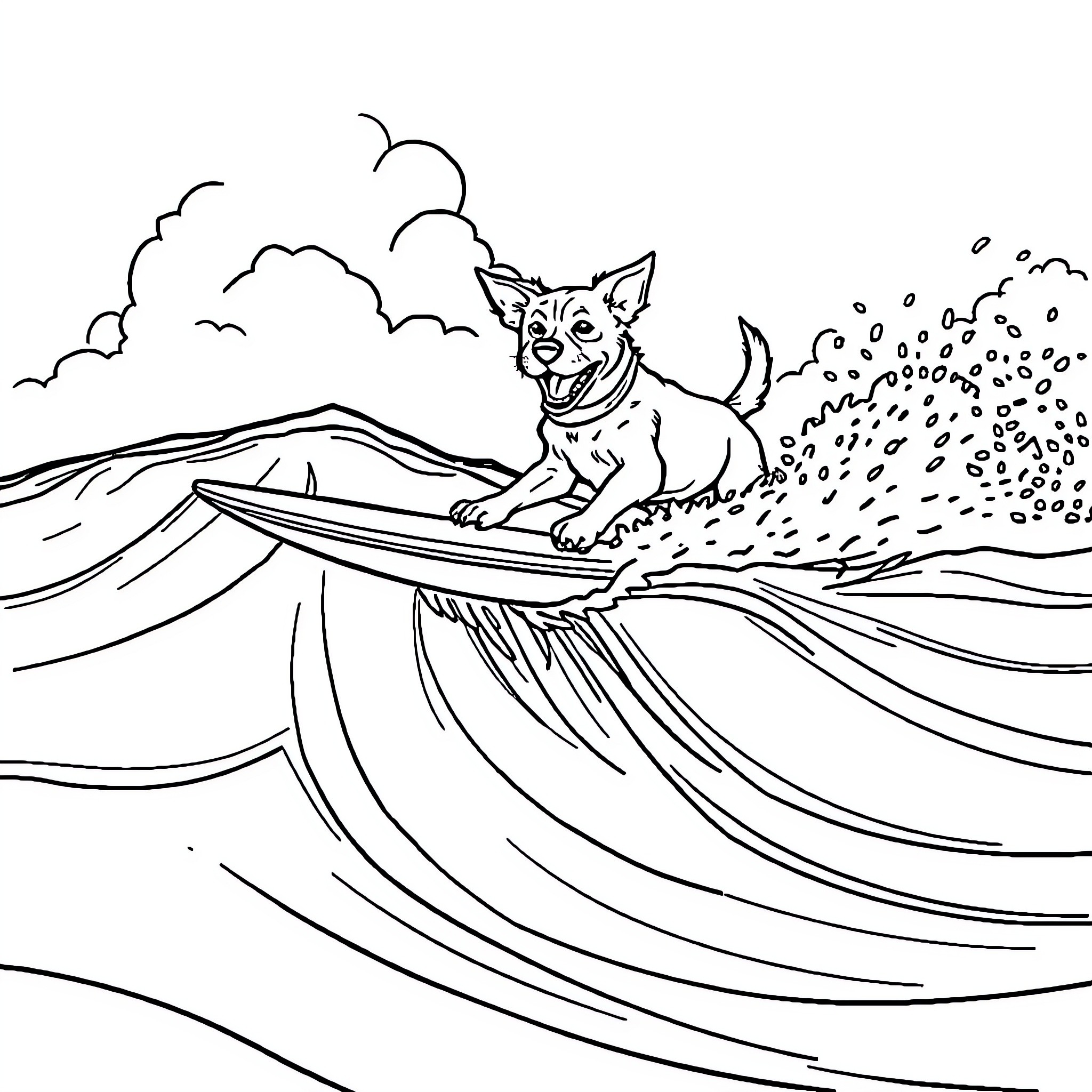 Dog surfing on ocean waves Coloring Page (free black-and-white line drawing printable PDF for all, from beginners to advanced learners, including children, teens, adults, and seniors)