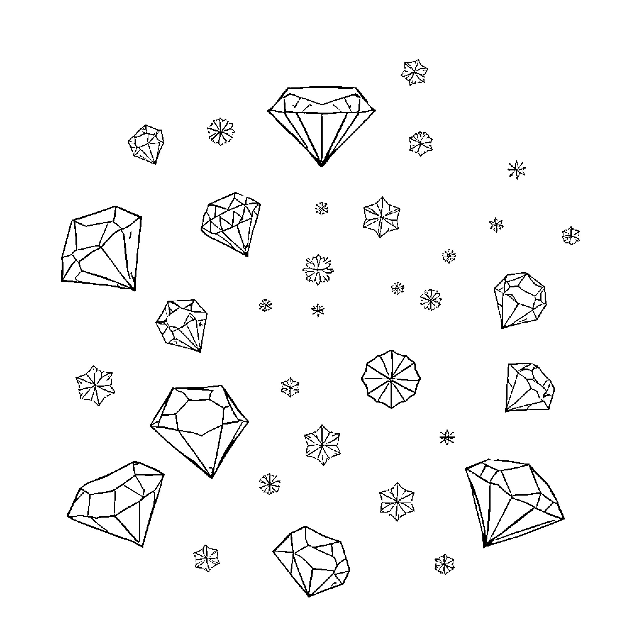 Diamond Shapes and Snowflake Designs Coloring Page (free black-and-white line drawing printable PDF for all, from beginners to advanced learners, including children, teens, adults, and seniors)