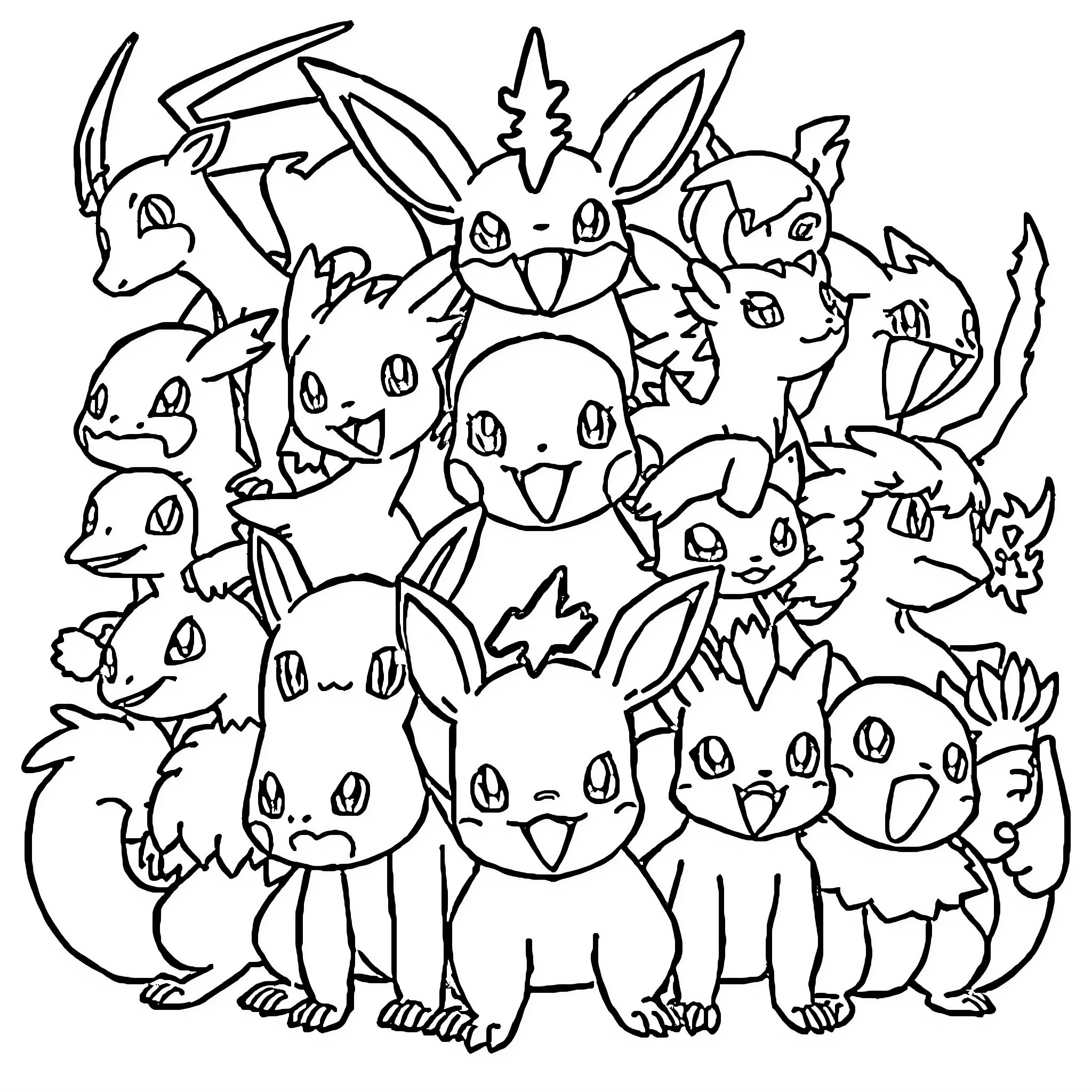Pokémon characters in a group scene Coloring Page (free black-and-white line drawing printable PDF for all, from beginners to advanced learners, including children, teens, adults, and seniors)