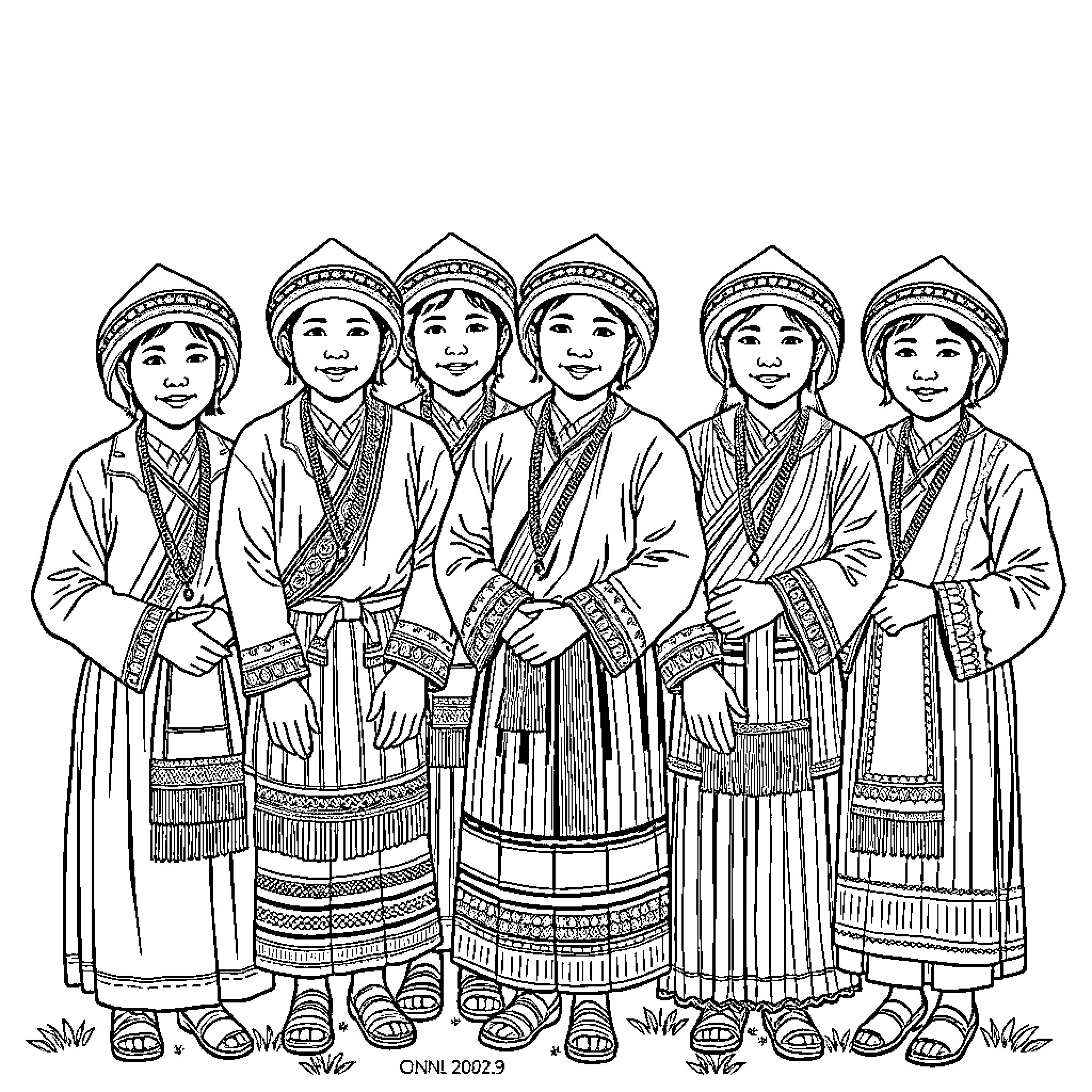 Hmong People in Traditional Clothing and Headgear Coloring Page (free black-and-white line drawing printable PDF for all, from beginners to advanced learners, including children, teens, adults, and seniors)