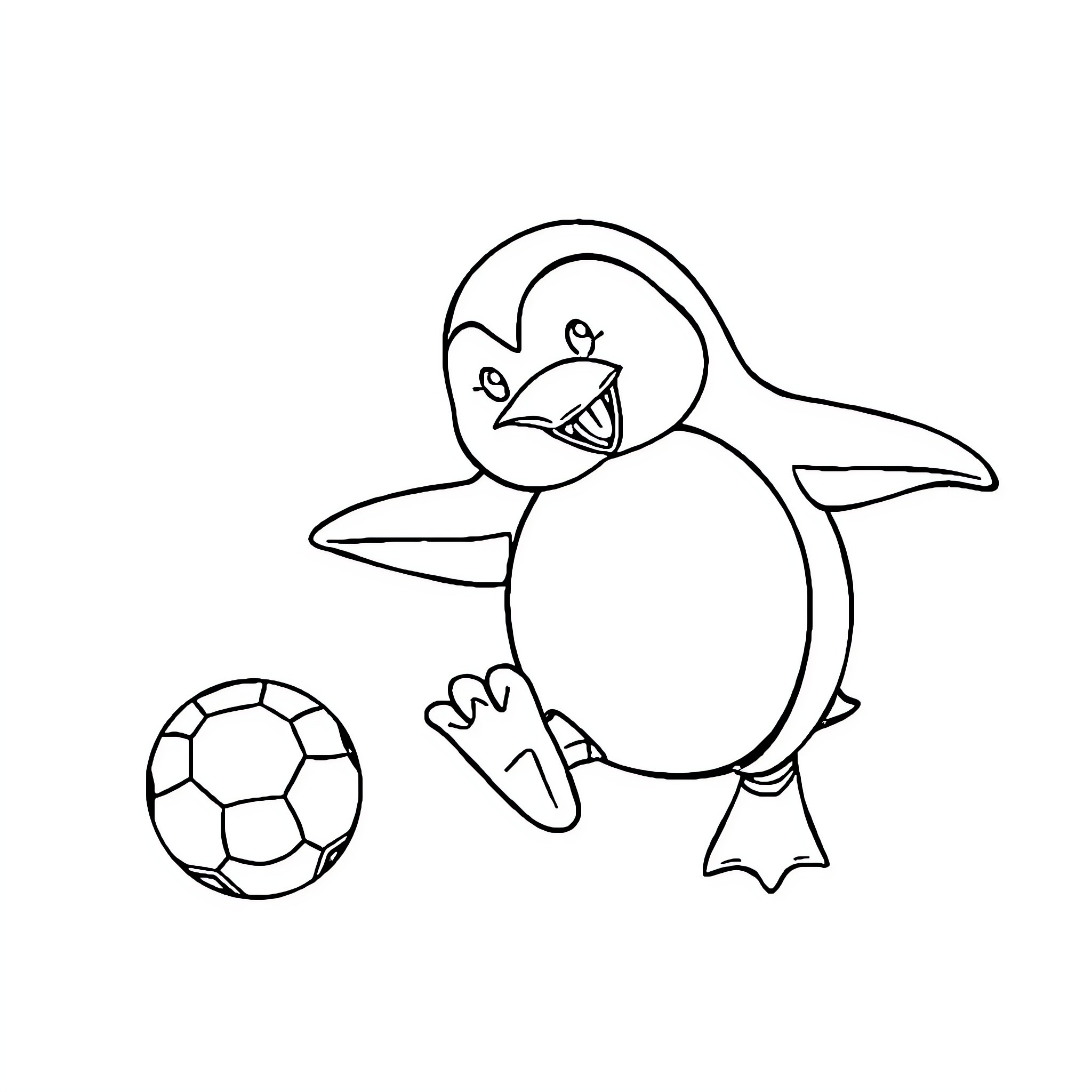Penguin playing with soccer ball Coloring Page (free black-and-white line drawing printable PDF for all, from beginners to advanced learners, including children, teens, adults, and seniors)