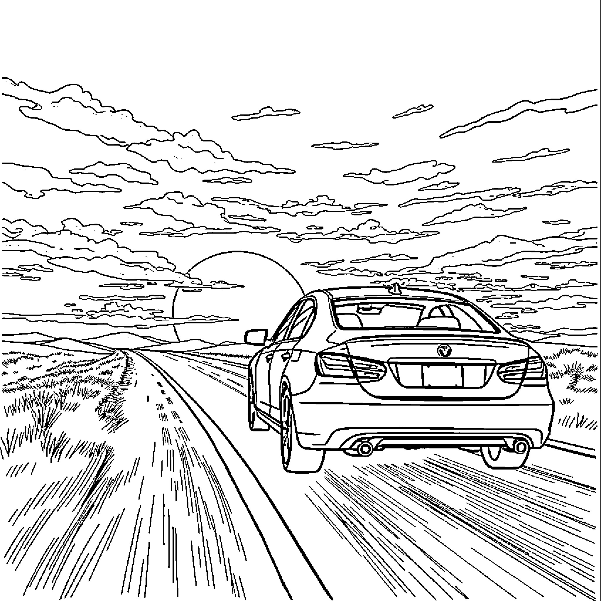 Car driving along scenic countryside road Coloring Page (free black-and-white line drawing printable PDF for all, from beginners to advanced learners, including children, teens, adults, and seniors)