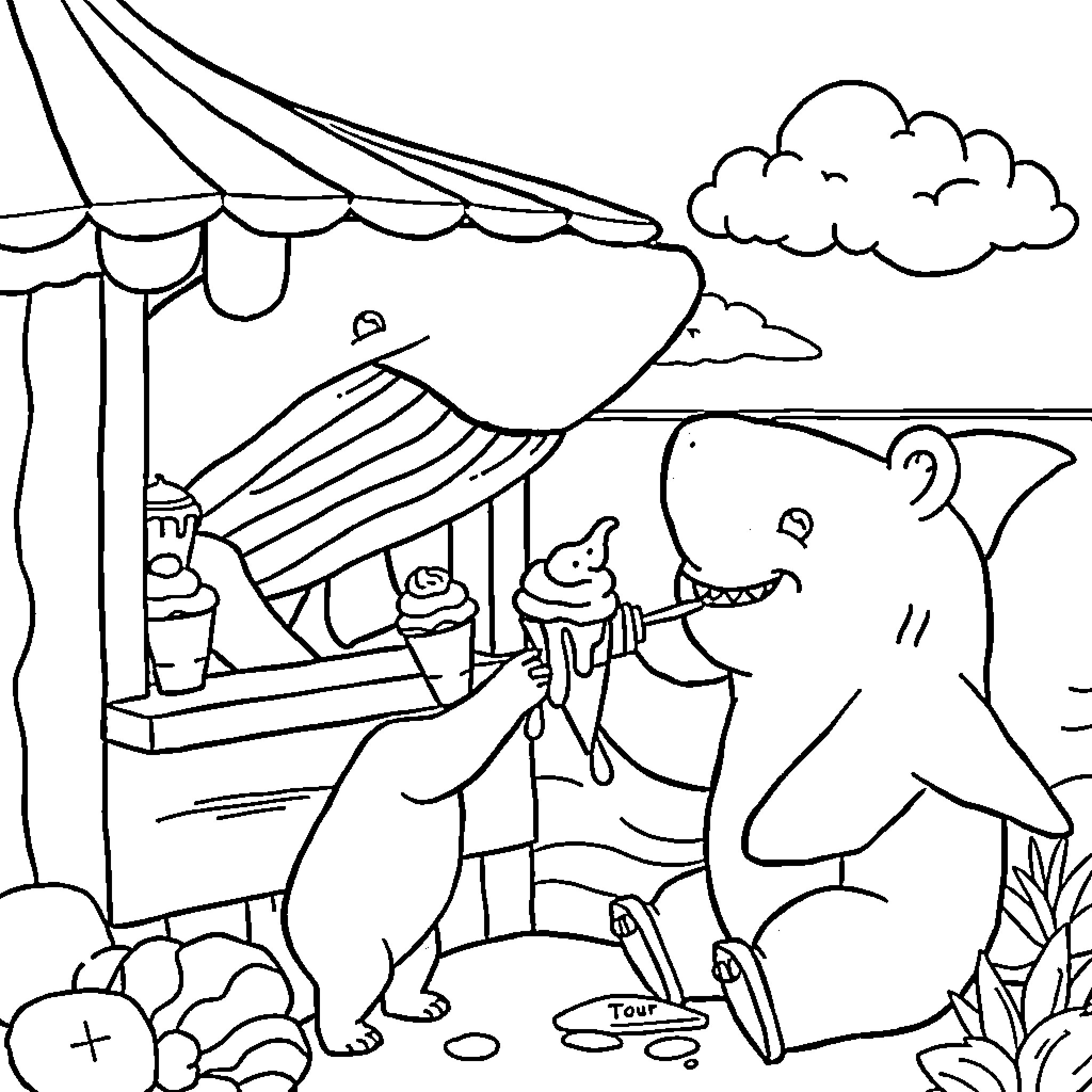 Whale visiting a beach-side ice cream stand Coloring Page (free black-and-white line drawing printable PDF for all, from beginners to advanced learners, including children, teens, adults, and seniors)