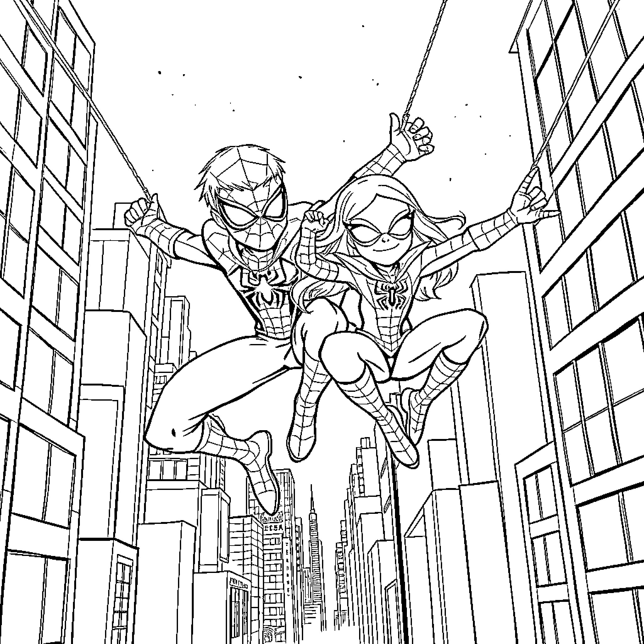Spiderman and Spiderwoman swinging through the city Coloring Page (free black-and-white line drawing printable PDF for all, from beginners to advanced learners, including children, teens, adults, and seniors)