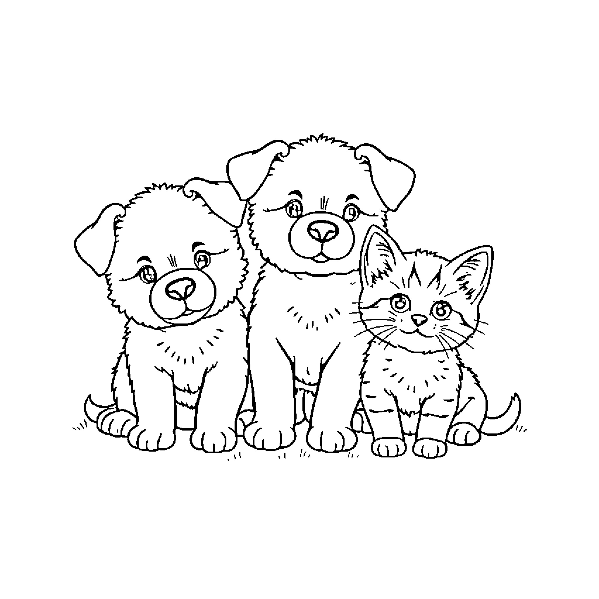Animal friends - puppies and kitten together Coloring Page (free black-and-white line drawing printable PDF for all, from beginners to advanced learners, including children, teens, adults, and seniors)