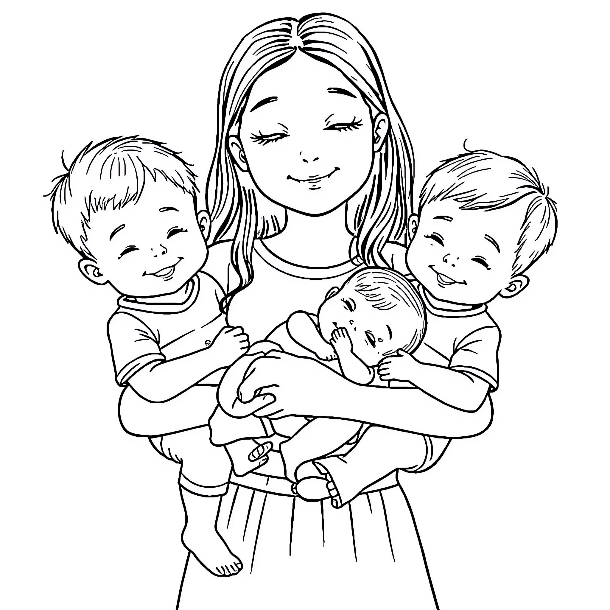 Girl tenderly holding two children Coloring Page (free black-and-white line drawing printable PDF for all, from beginners to advanced learners, including children, teens, adults, and seniors)
